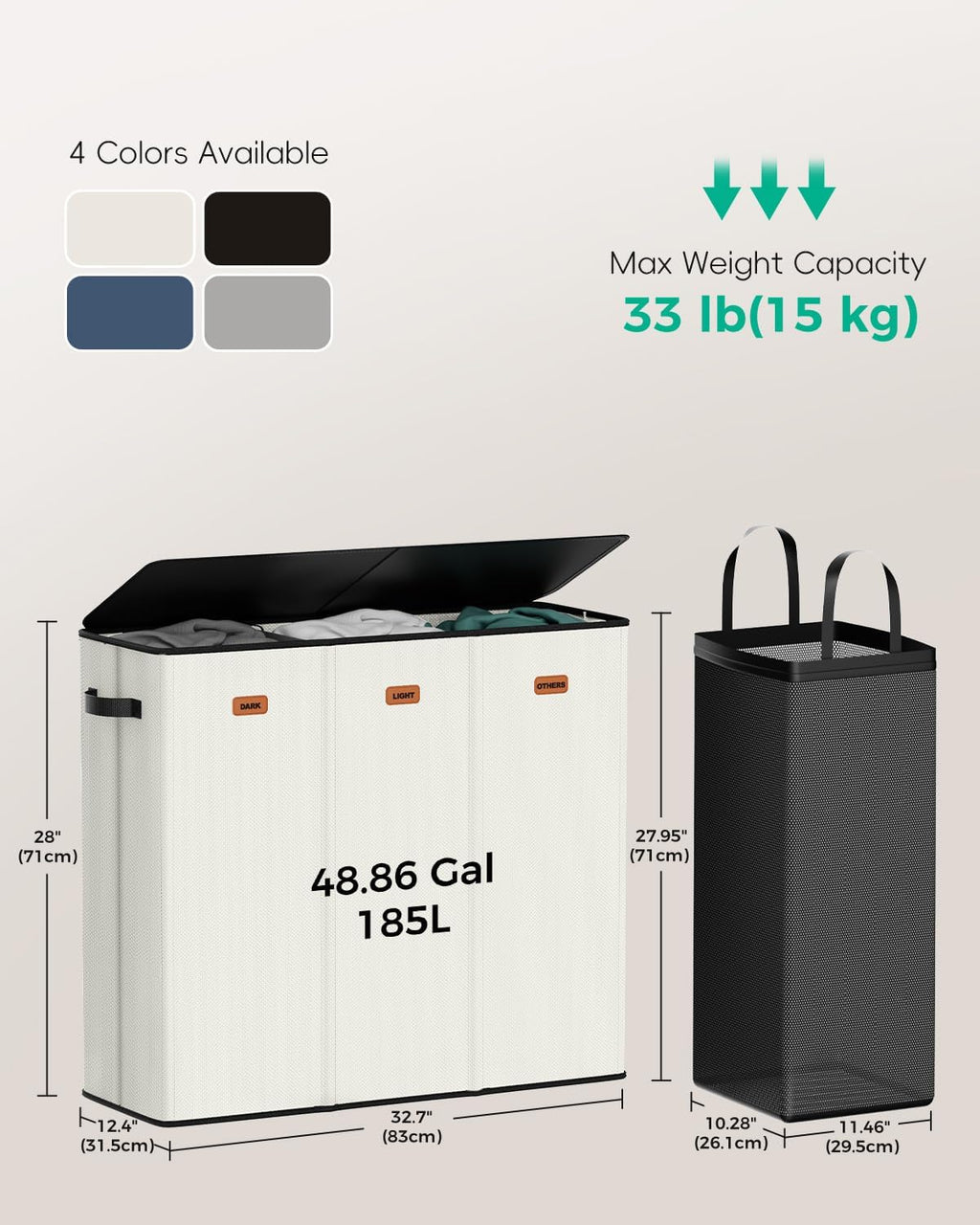 185L Laundry Hamper 3 Section with Lid & Removable Bags | Collapsible laundry basket organizer for laundry room, bedroom & dorm with 3 removable washing bags