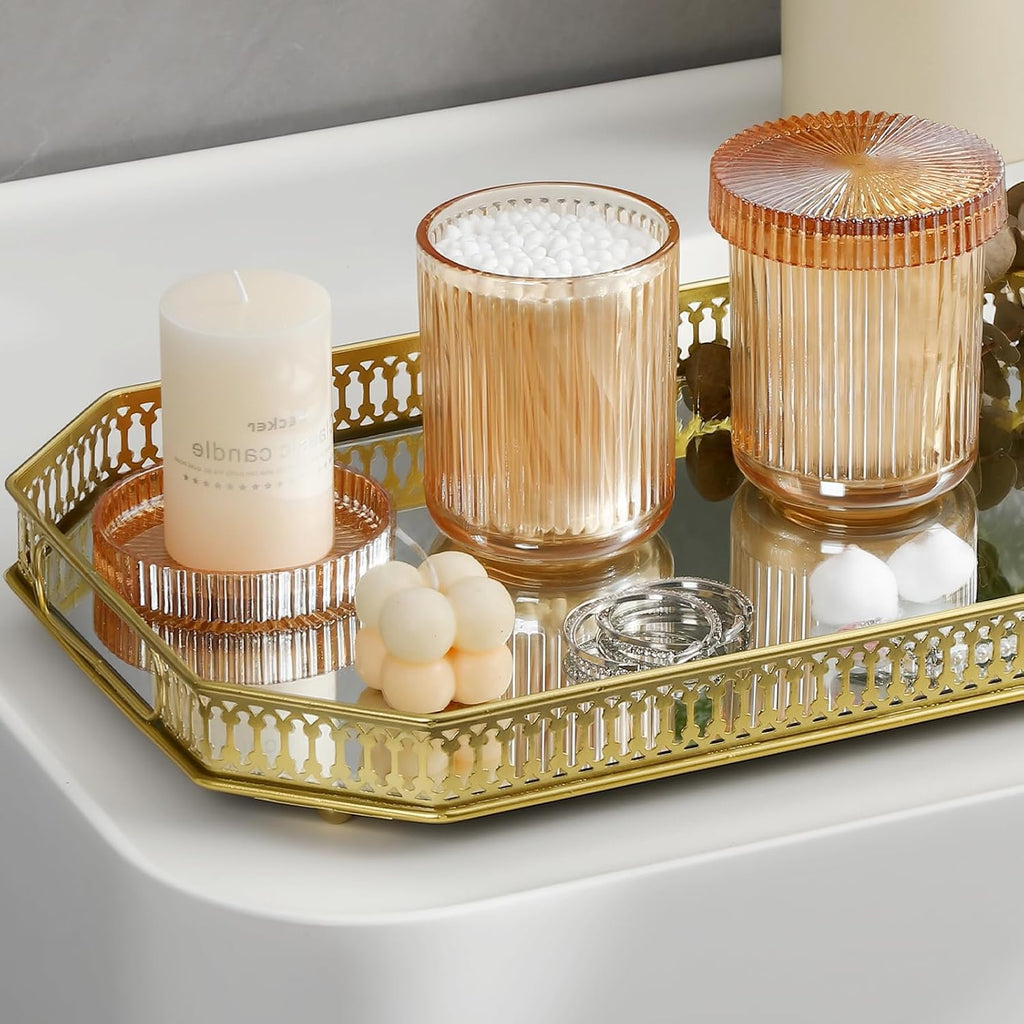 rejomiik Thick Glass Qtip Holder Apothecary Jars with Lids, Amber