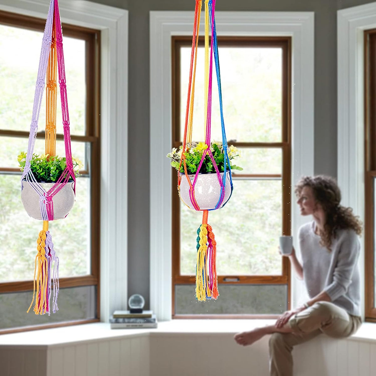 Rainbow Colorful Macrame Plant Hanger, 2 Pack