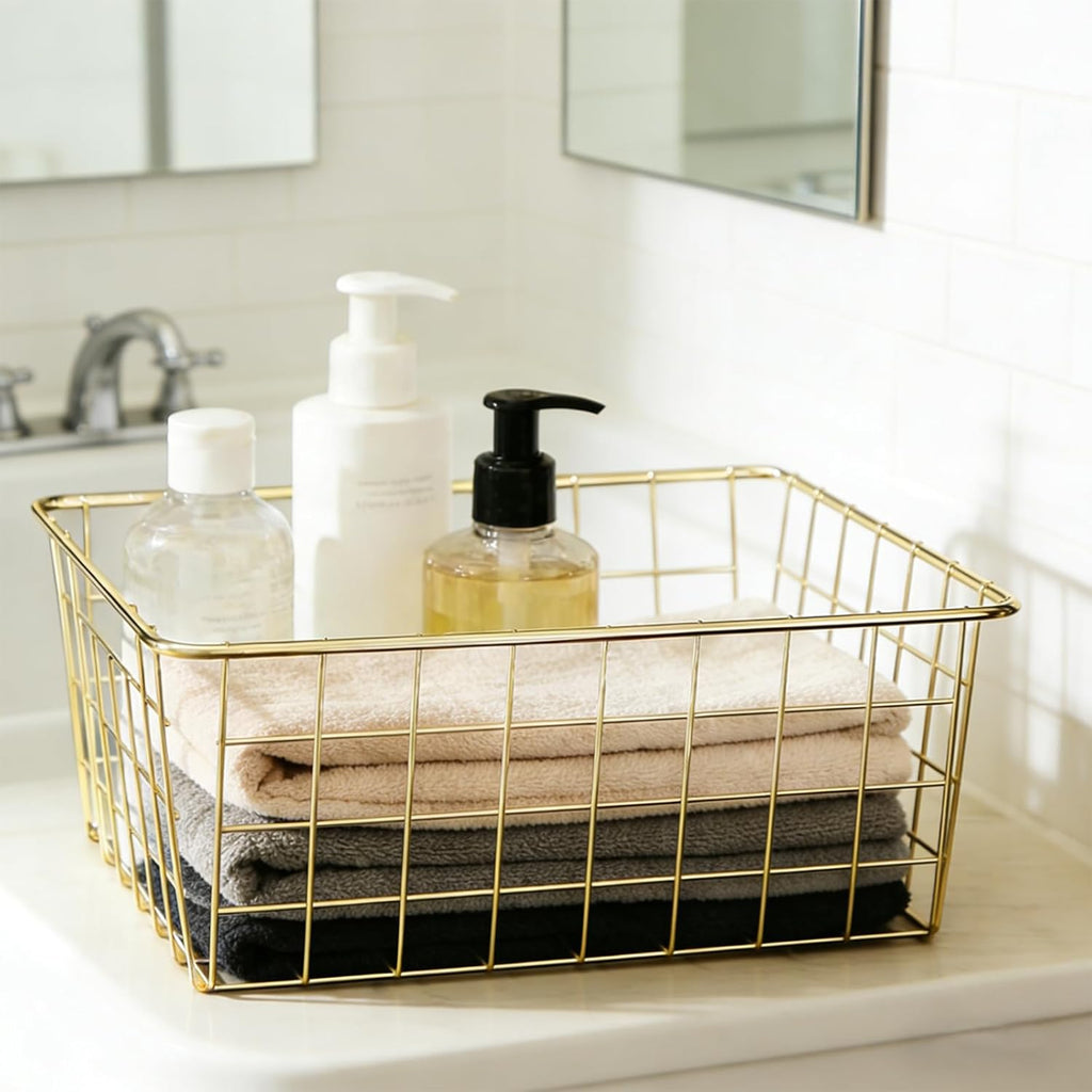 4 Pack Gold Wire Baskets for Organizing, Wire Storage Basket Metal Storage Baskets for Kitchen Cabinets, Countertop
