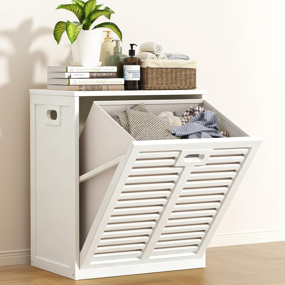 VASMIA Tilt Out Laundry Hamper, Bamboo Laundry Cabinet with Hidden Removable Basket,Dirty Clothes Storage Organizer for Bedroom, Bathroom, Living Room, White