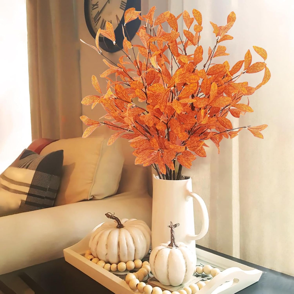 Uieke 18 Pcs Artificial Fall Eucalyptus Stems with Fall Leaves, Orange