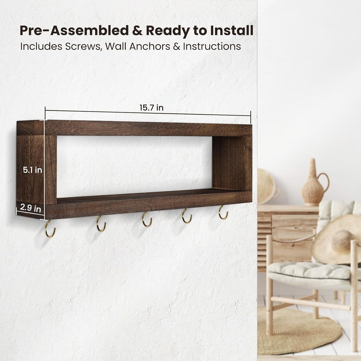 Lwenki Wall Shelf with Hooks - Decorative Key and Wallet Holder for Wall Holds Sunglasses, Leashes, Scarves and Lanyards - 15.7" x 5.1" x 2.9" Entryway Organizer Made of Paulownia Wood (Brown)