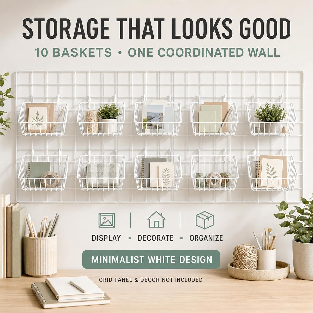 10 Pack Wall Grid Panel Hanging Wire Basket, Metal Wall Storage and Display Basket, Grid Wall Storage Basket for Kitchen, Home Decor Supplies - White (9x3.9x3in)