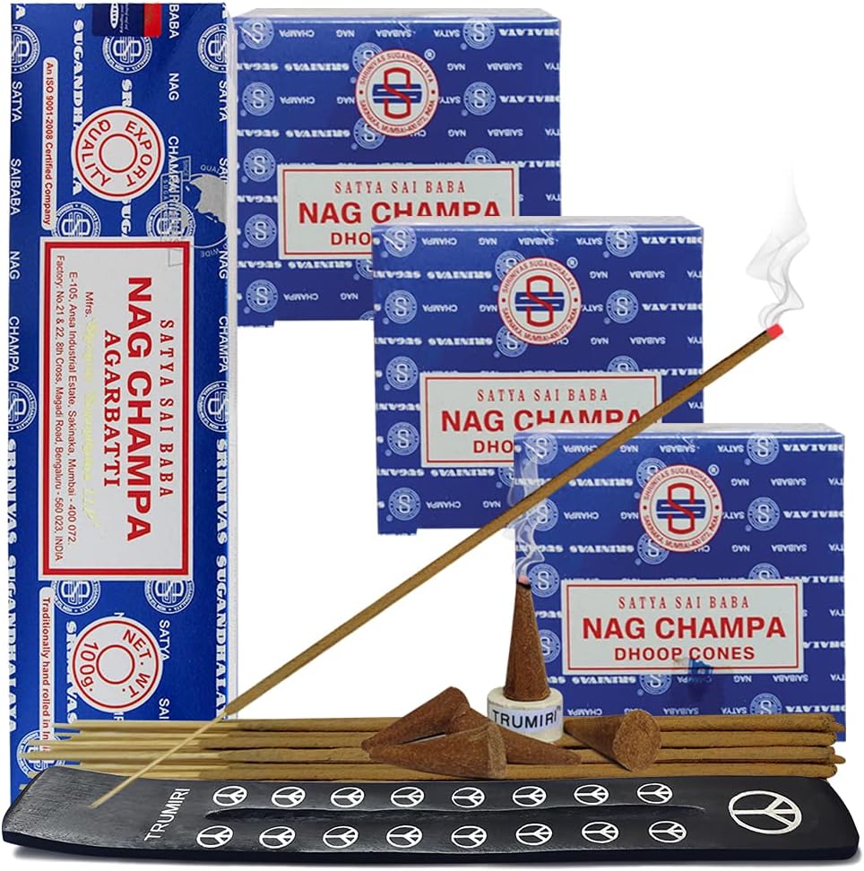 Nag Champa Incense Sticks 100g and Cones Variety Pack with Burner Holder Bundle from Satya Incense 100g Trumiri for Smudging and Aroma