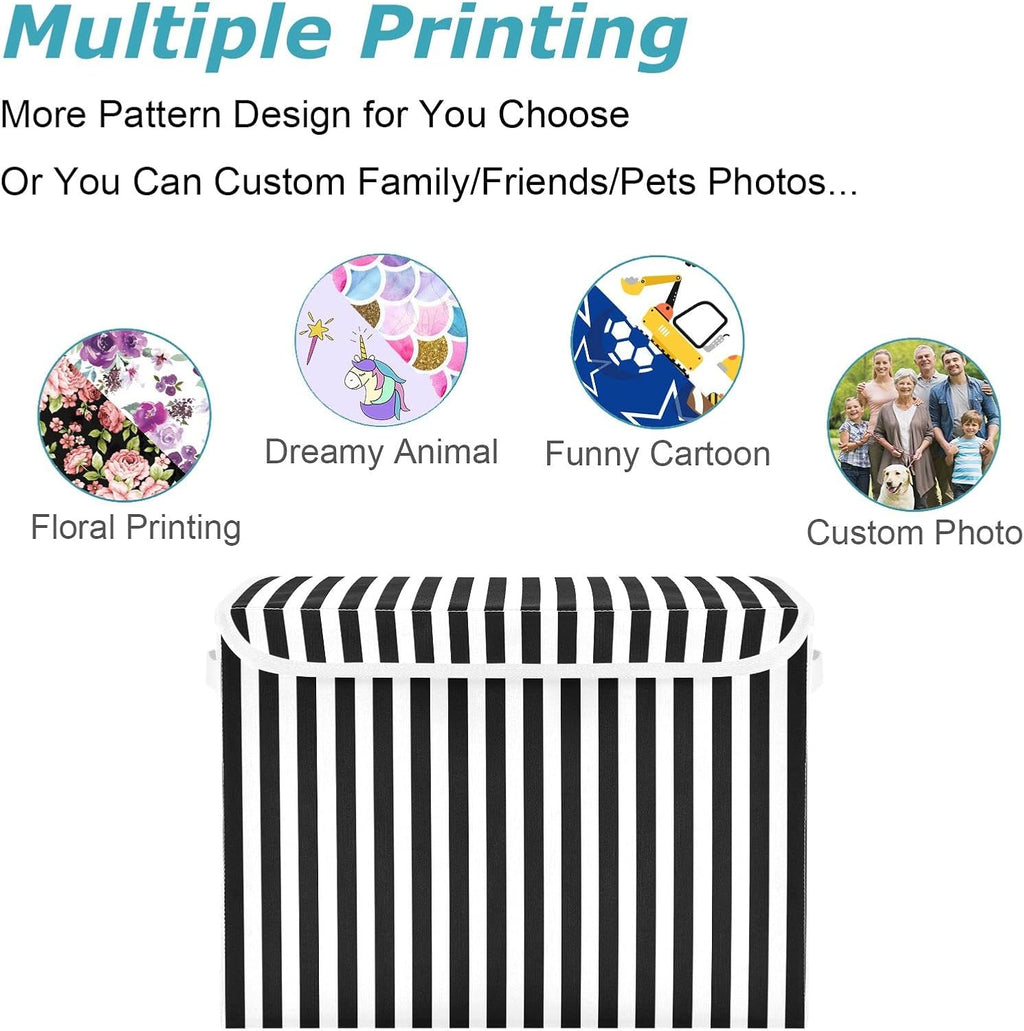 CaTaKu Black and White Striped Storage Bins with Lids Fabric Large Storage Container Cube Basket with Handle Decorative Storage Boxes for Organizing Clothes Shelves