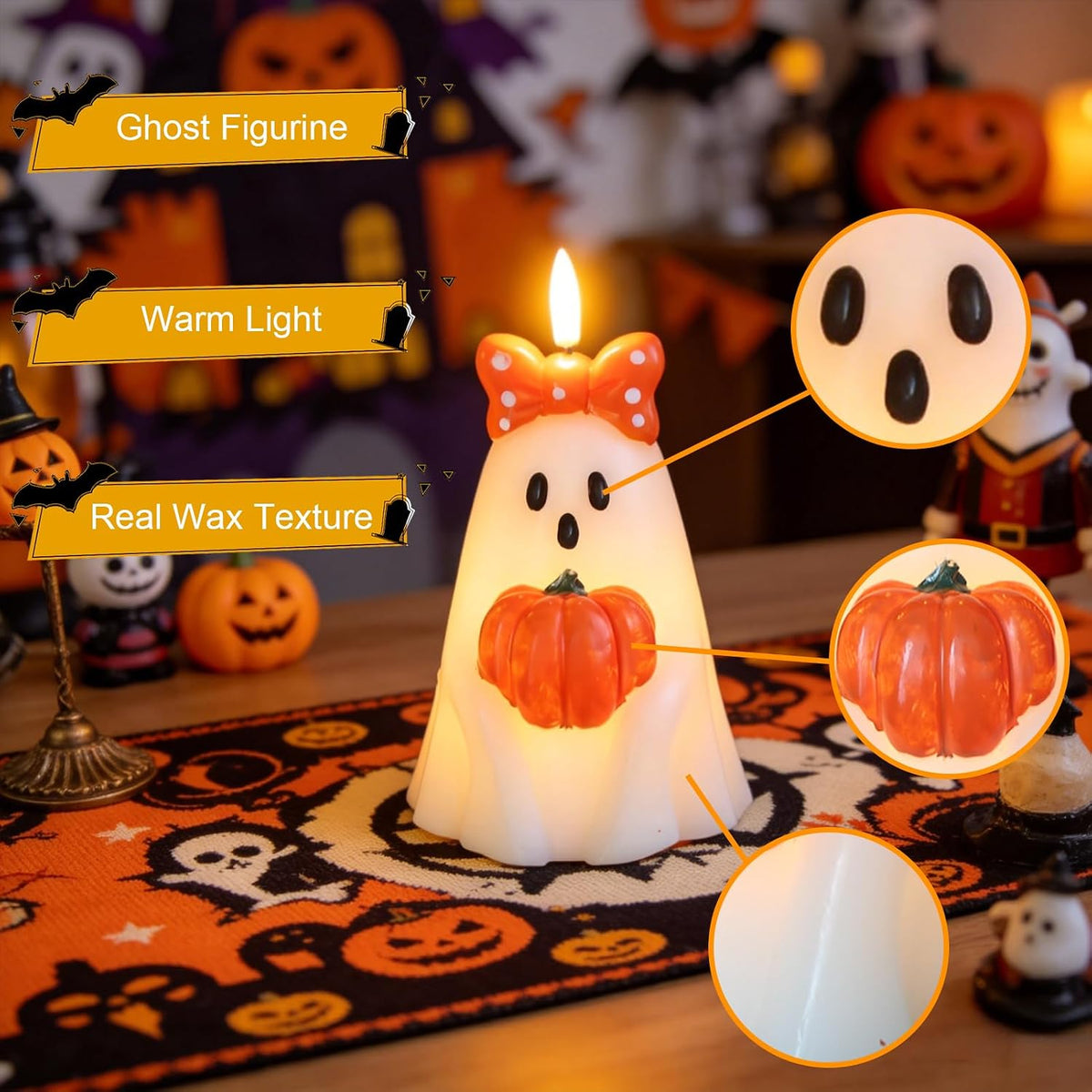 Halloween Ghost Flameless Candles with 6H Timer Hand-Painted Bows