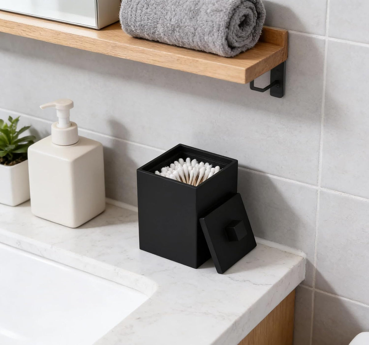 Square Cotton Swab Holder with Lid, Matte Black Qtip Holder Bathroom