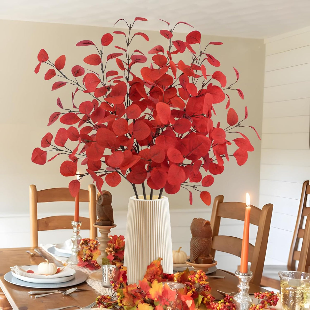 4Pcs Artificial Eucalyptus Leaves Stems 33.8‘’ Eucalyptus Plants Branches Greenery for Home Fireplace Farmhouse Party Wedding Table Bathroom Christmas Décor Red