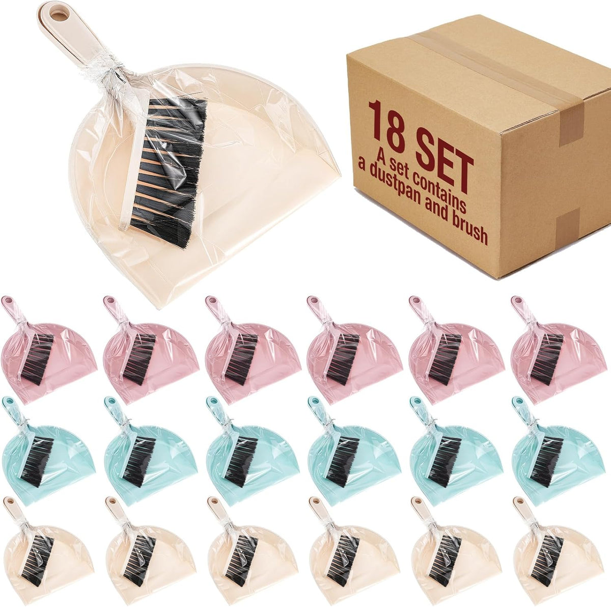 Sliner 18 Pack Mini Dustpan Brush Set Small Broom Set Bulk,Blue, Pink,Beige