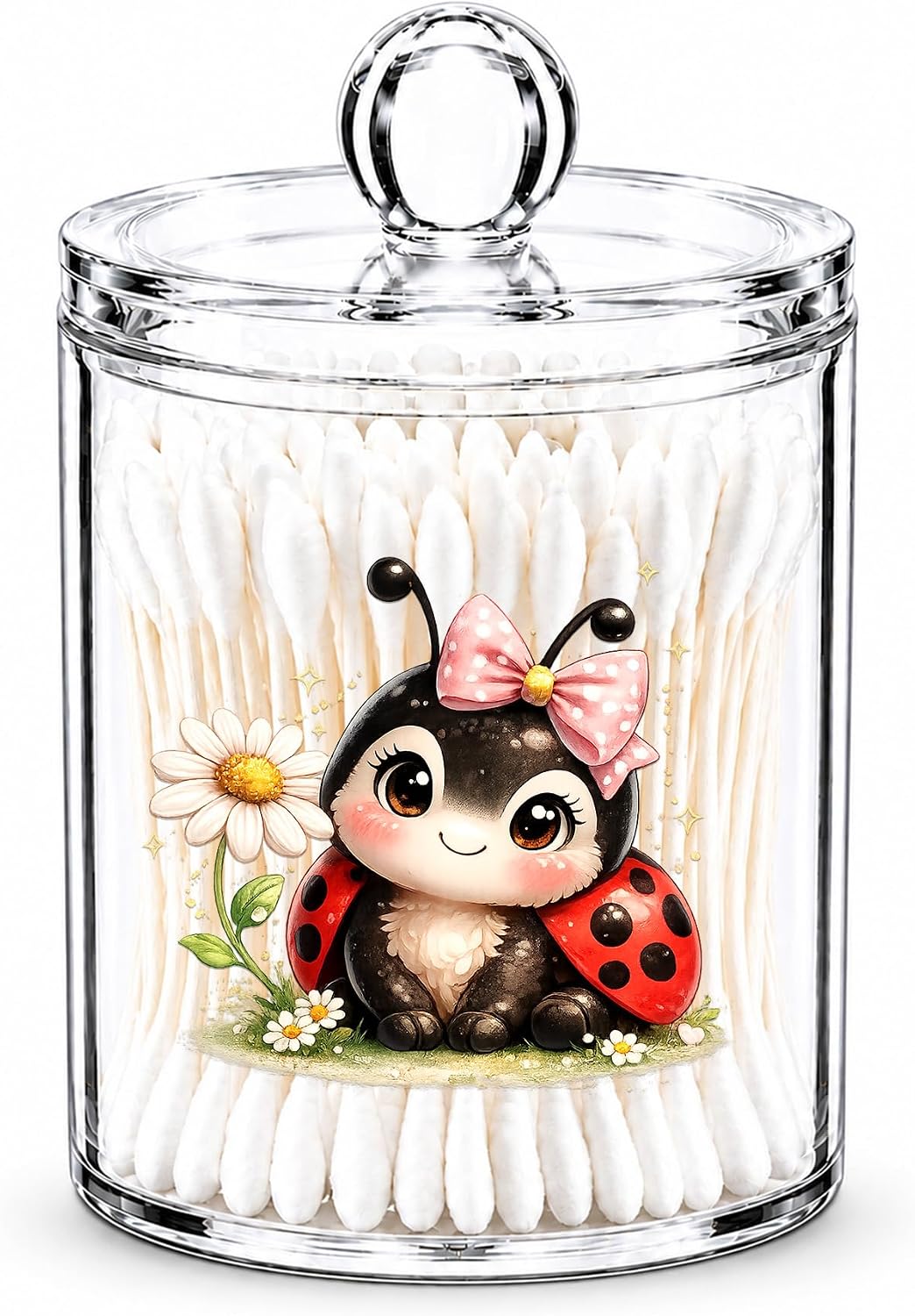 Ladybug Cotton Swab Holder with Lid Clear Acrylic Garden Apothecary Jar