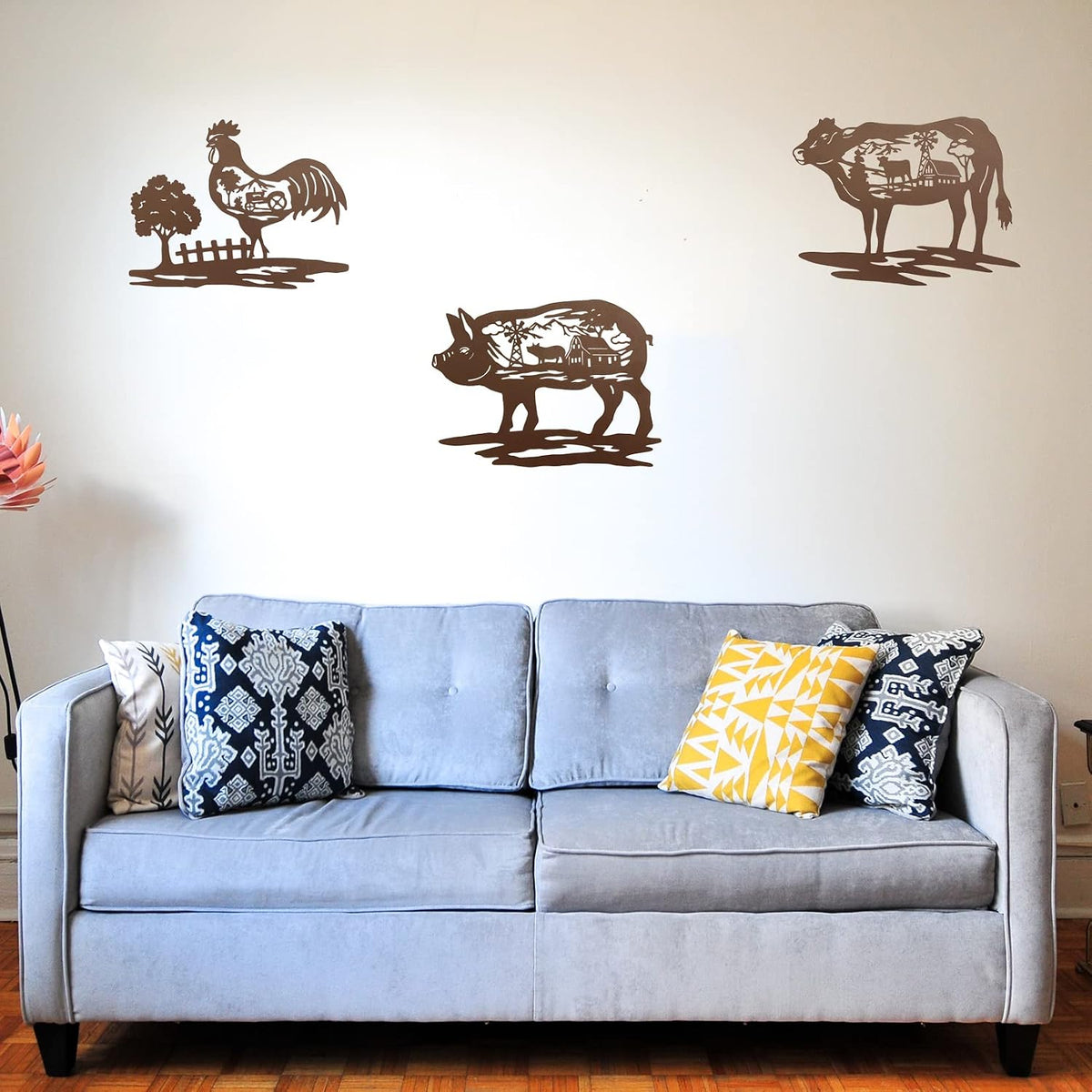 Farm Wall Decor Farmhouse Metal Wall Art Pig Cow Rooster, 9 Inch set of 3