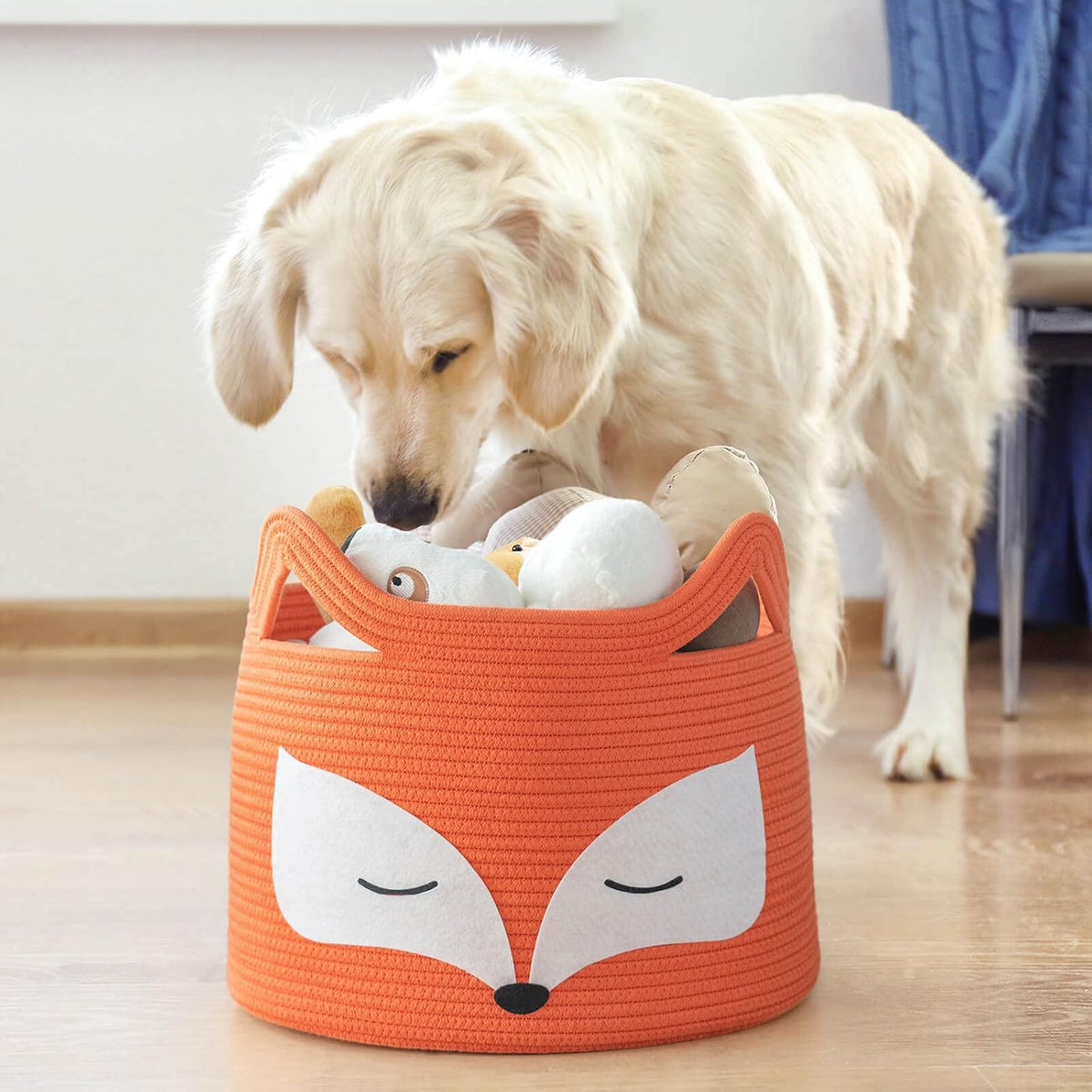 Fox Large Woven Rope Toy Basket for Home Décor, Orange