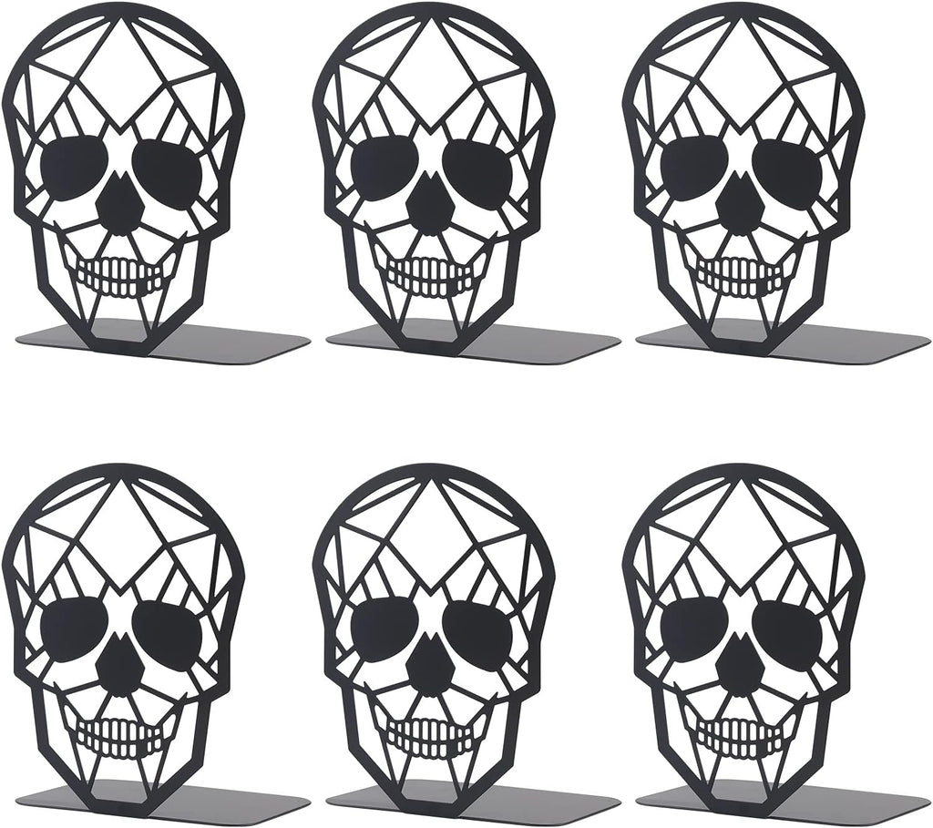 3 Pairs Metal Skull Design Bookend Black Book Ends, Heavy-Duty Bookends for Shelves, Black Skull Book Ends for Heavy Books, Book Shelf Holder Home Office Decorative Desktop Organizer