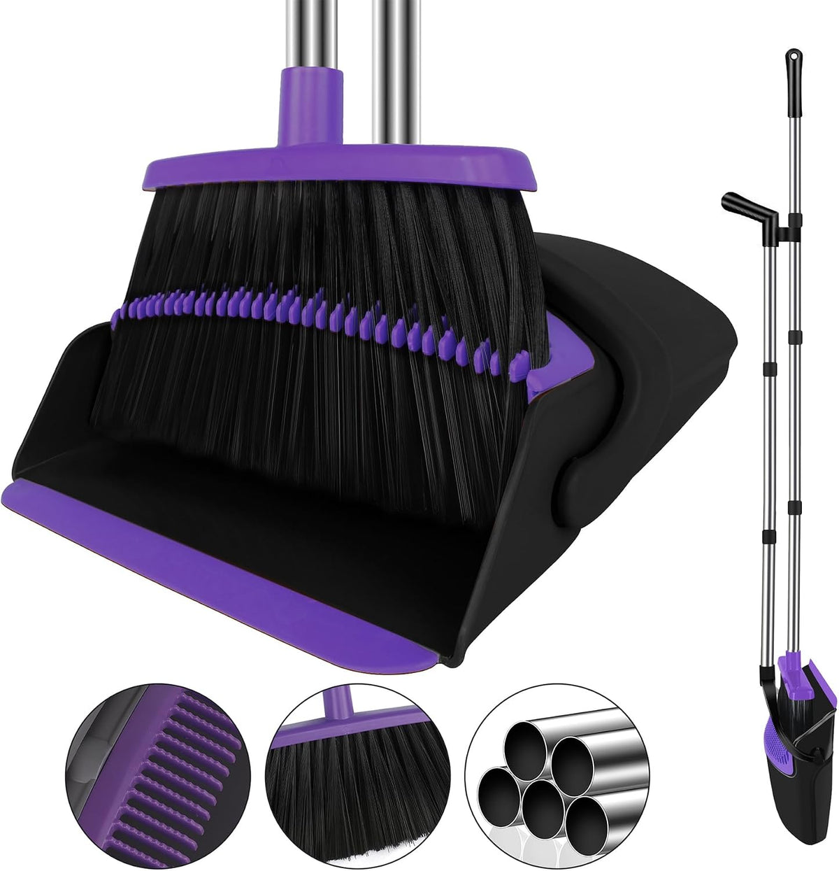 Broom with Dustpan Combo Set, 51" Household Dustpans and Broom, Standing Dust Pan Set for Home, Purple Cleaning Set for Kitchen Lobby Indoor Outdoor