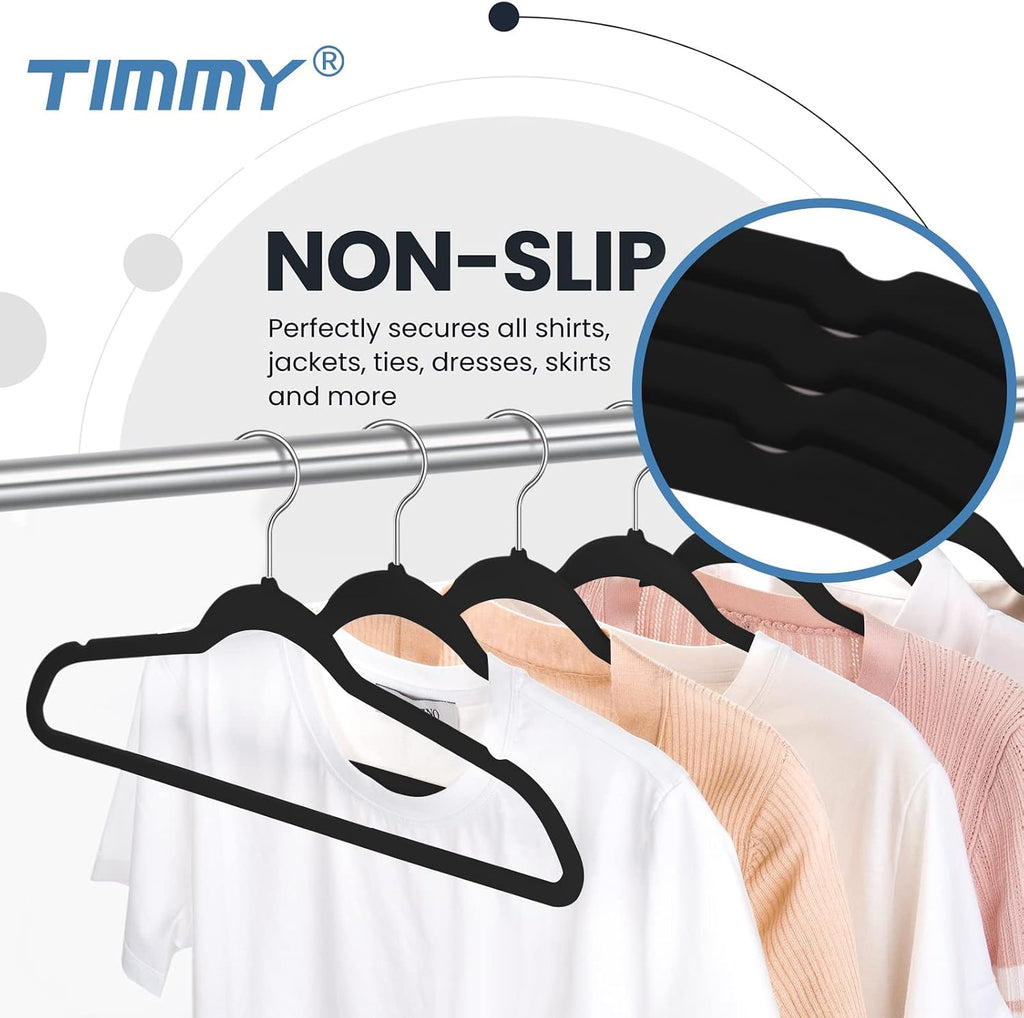 TIMMY 50 Pack Velvet Clothes Hangers, 17.7 in, Black/Silver, Non-Slip