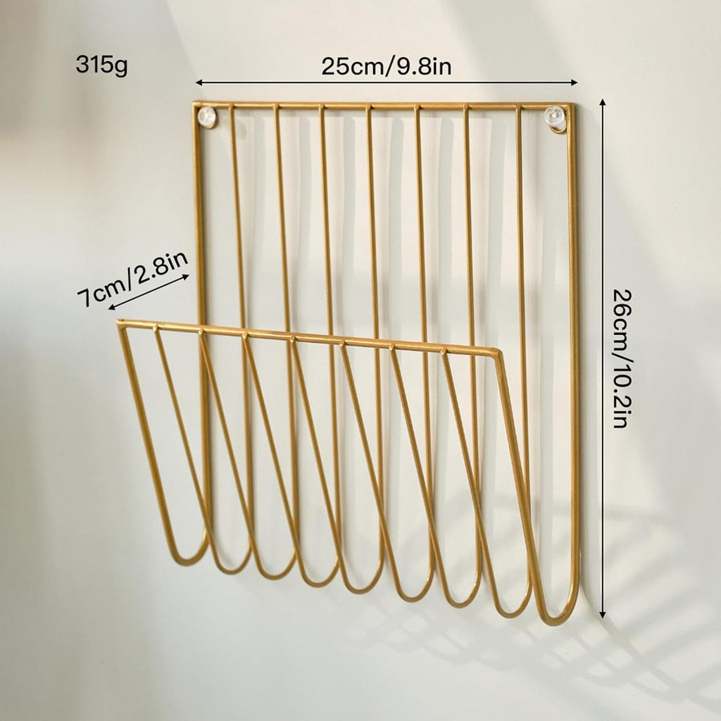 Gold Wall Mounted Magazine Rack and File Holder, A Sturdy Iron Organizer for Mail, Letters, Folders, and Papers,Decorative for Home Office or Study Room
