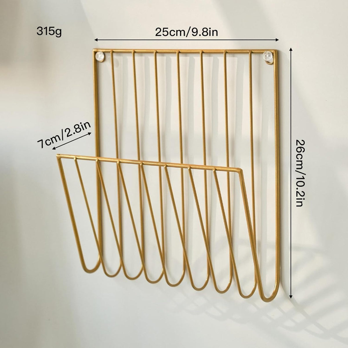 Gold Wall Mounted Magazine Rack and File Holder, A Sturdy Iron Organizer for Mail, Letters, Folders, and Papers,Decorative for Home Office or Study Room