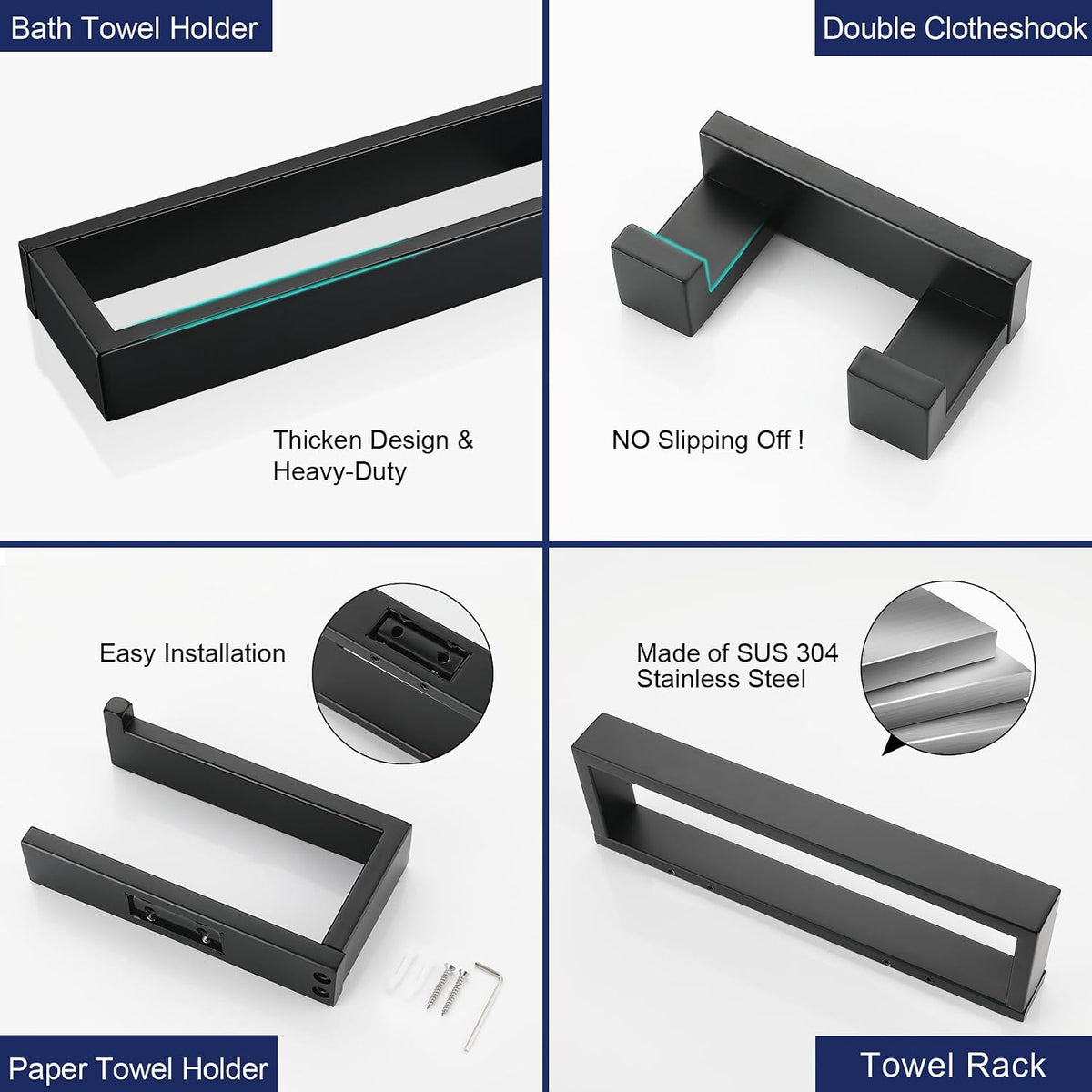 Lairuier Matte Black Bathroom Hardware Accessories, 4PCS Towel Bar Set
