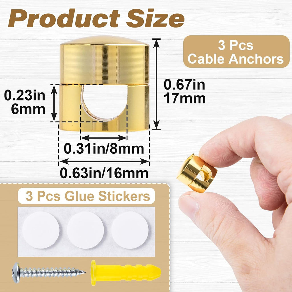 HINZIC 3Pack Cable Anchors for Desk, Metal Gold Phone Cord Holder, 2-in-1 Adhesive Cord Clips Adjustable Aluminum Wire Organizers Charger Management for Nightstand Office Home Desktop Wall