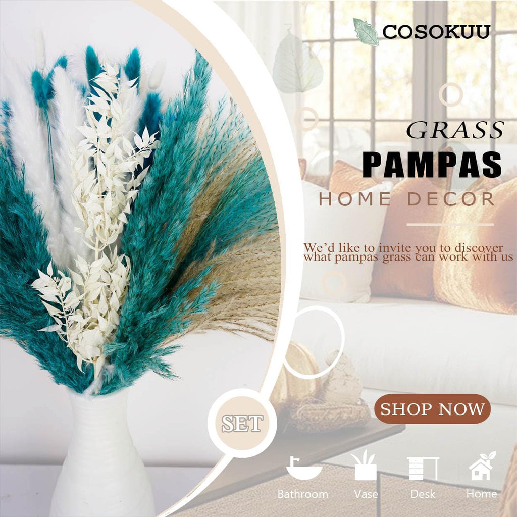 Pampas Grass Dried Flowers for Vase, Boho Home Decor, Wedding Decorations (Mixed Teal Blue)