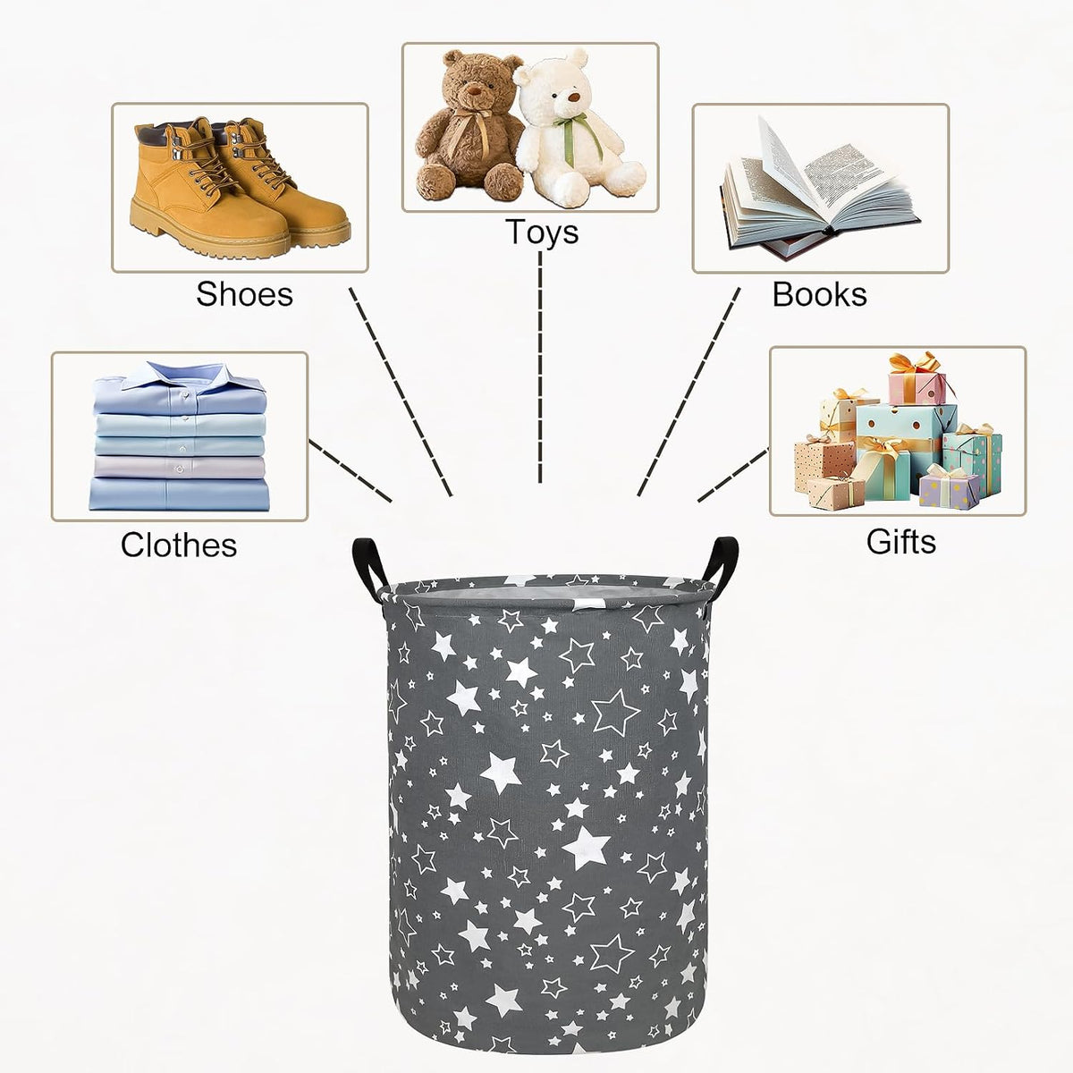 Round Fabric Collapsible Storage Basket with Handles,Grey star