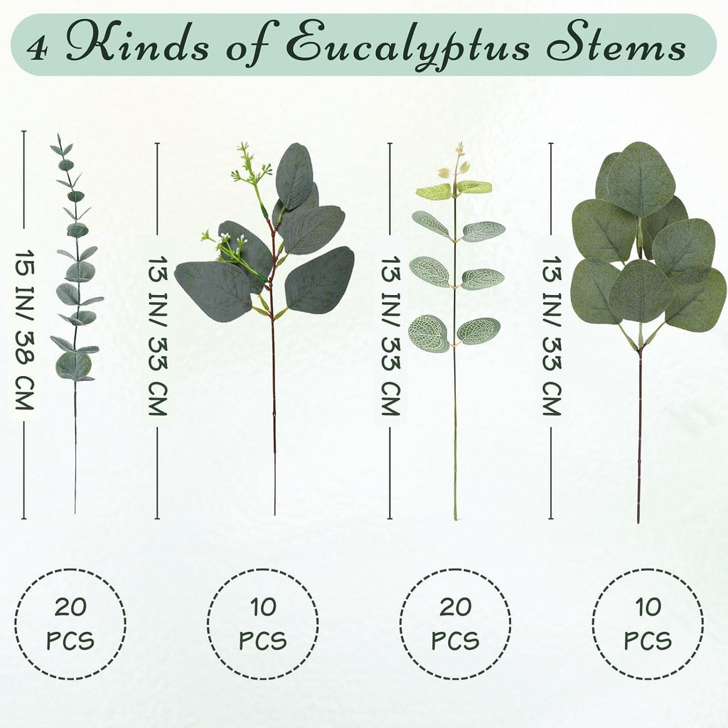 Eucalyptus Stems Bulk 60 Pcs, 4 Kinds Mixed Artificial Silver Dollar Eucalyptus Leaves Bundle Faux Greenery Branches for Wedding Vase Bouquet Floral Arrangement Centerpiece Home Decor