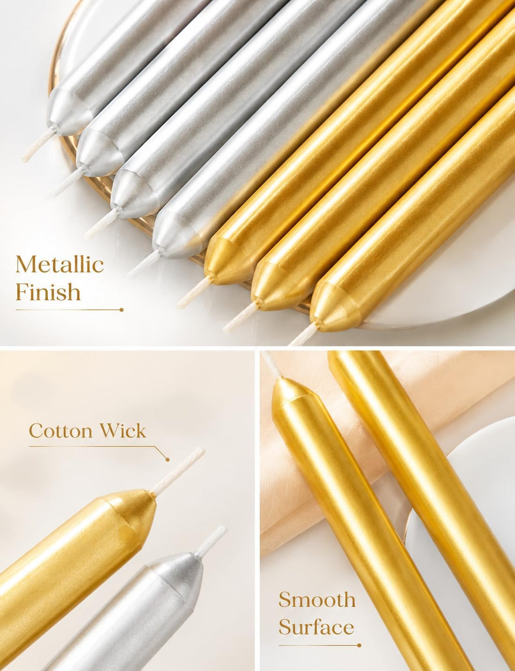 10 Inch Metallic Taper Candles, 6 Gold and 6 Silver Candlesticks