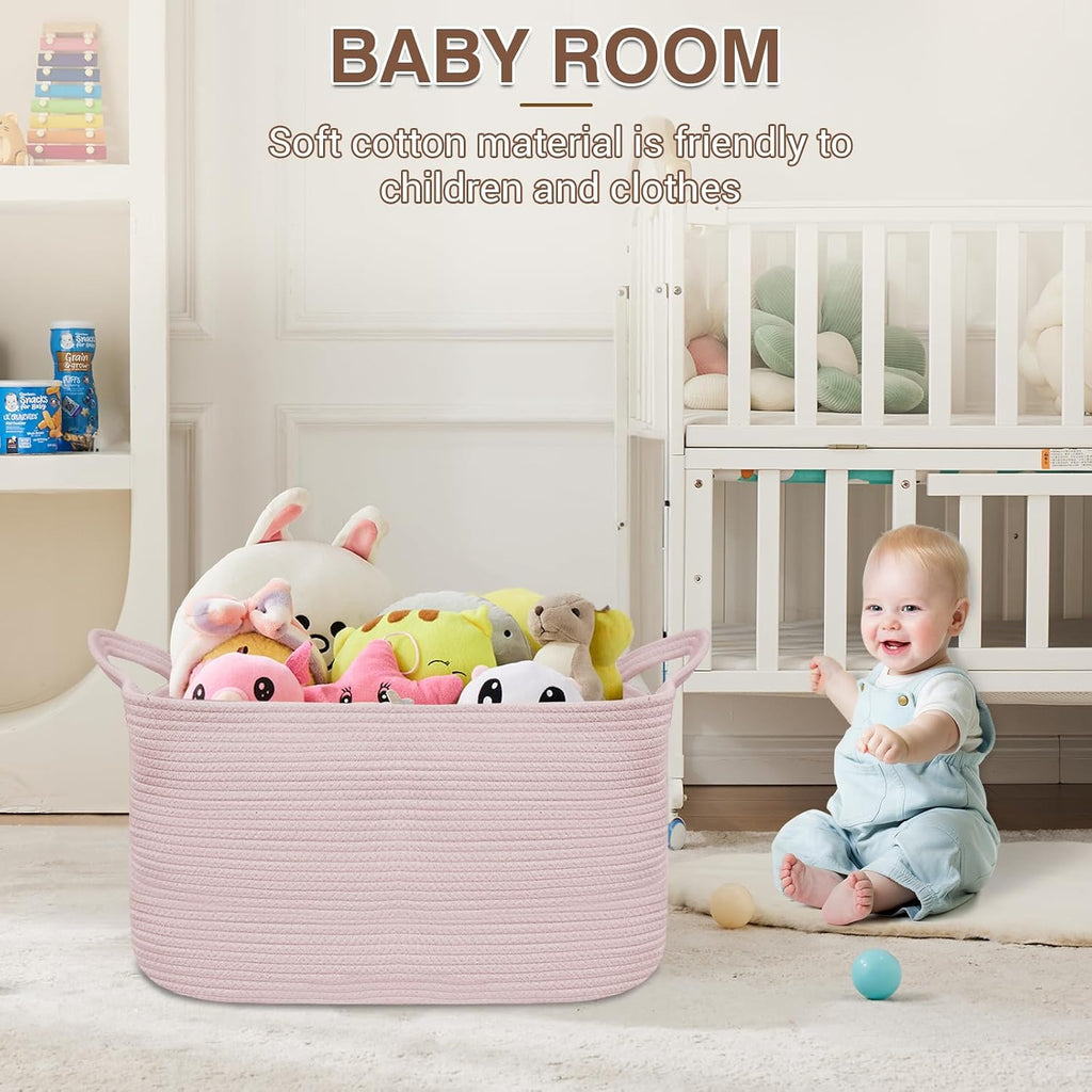 YOUDENOVA Large Blanket Basket, Rectangle Cotton Rope Storage Basket, Pink