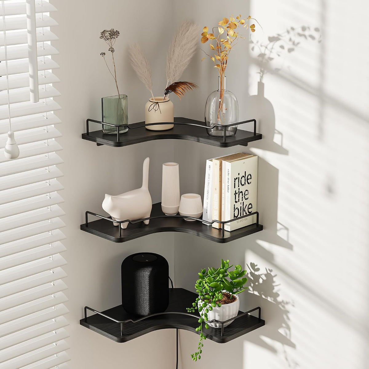 L-Shaped Corner Floating Shelves Wall Mounted Set of 3,Black