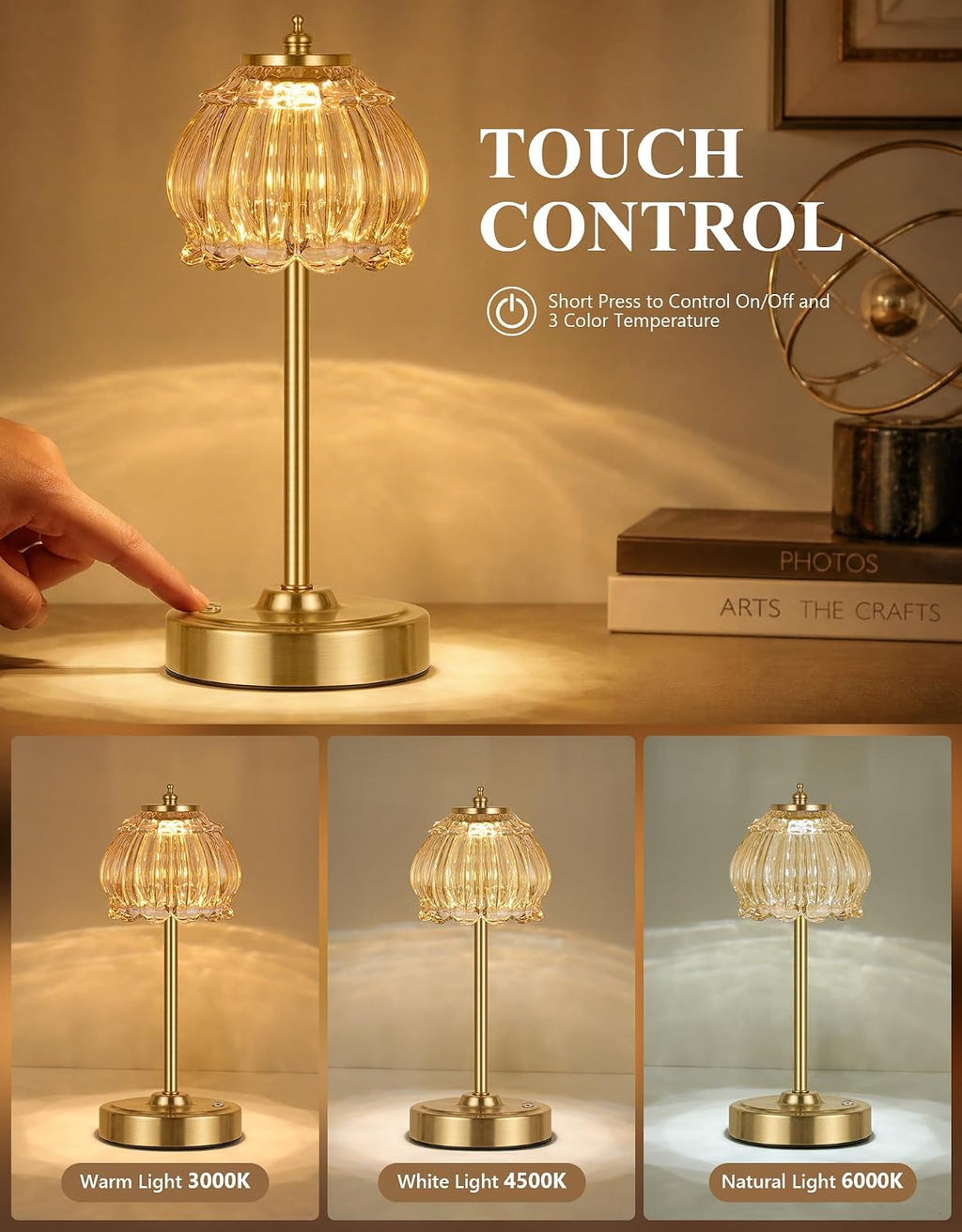 ROTTOGOON Cordless Table Lamp, Glass Rechargeable Battery Operated Lamp, 3-Way Stepless Dimming Touch Lamps, Small Glass Bedside Nightstand Light for Bedroom Dining Table Living Room
