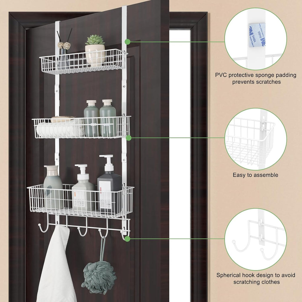 ETELI Over The Door Storage Organizer with 3 Mesh Baskets and 5 Hooks Heavy Duty Pantry Door Organizer Back of Door Storage Rack for Bathroom, Kitchen, Office, White