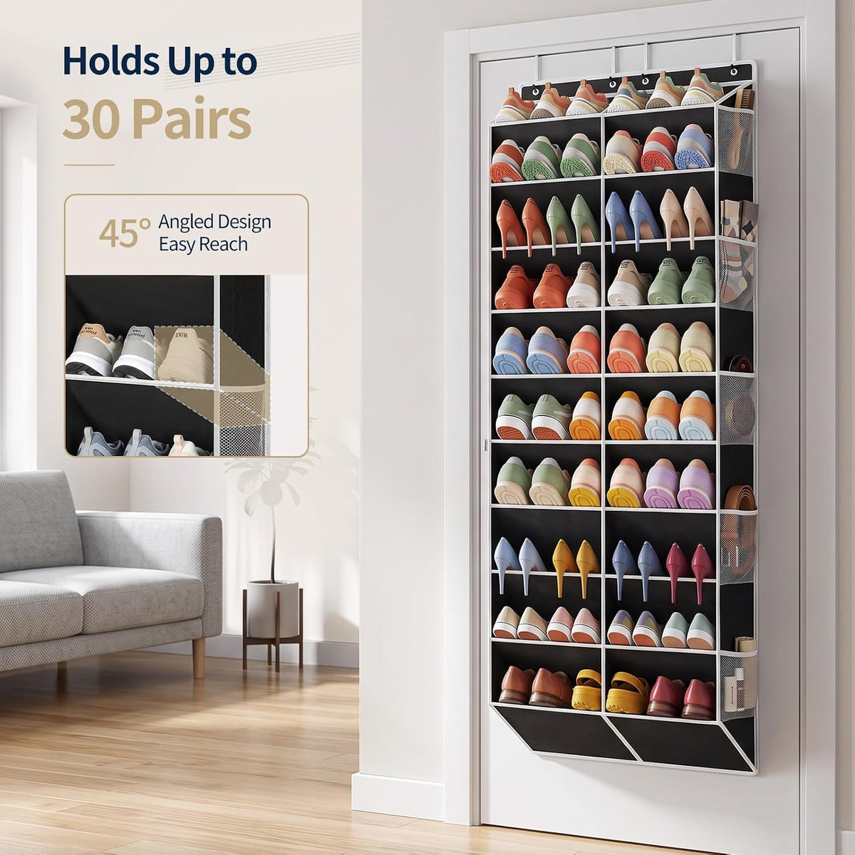 Yecaye Over the Door Shoe Organizer, 10-Tier design, Holds 30 Pairs, Black