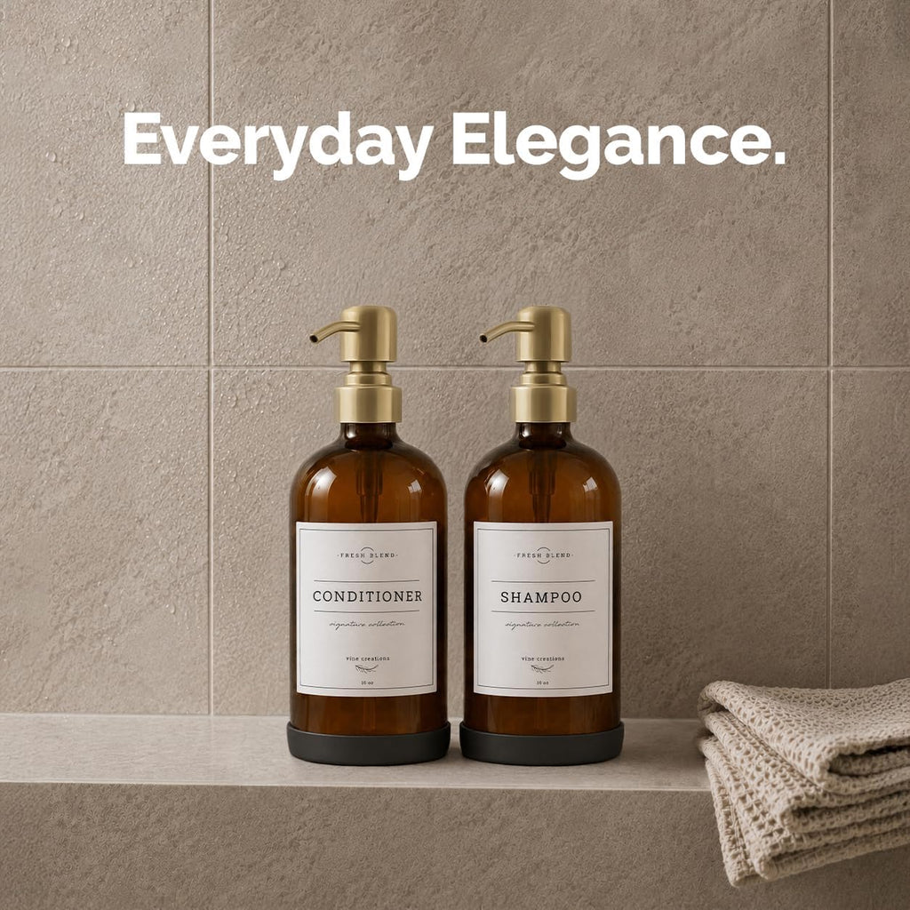 Vine Creations Amber Glass Soap Dispenser, 2 Pack Kitchen Soap Dispenser Set with Stainless Steel Pump, 16 oz Hand Soap and Dish Soap Dispensers for Kitchen or Bathroom with Waterproof Labels