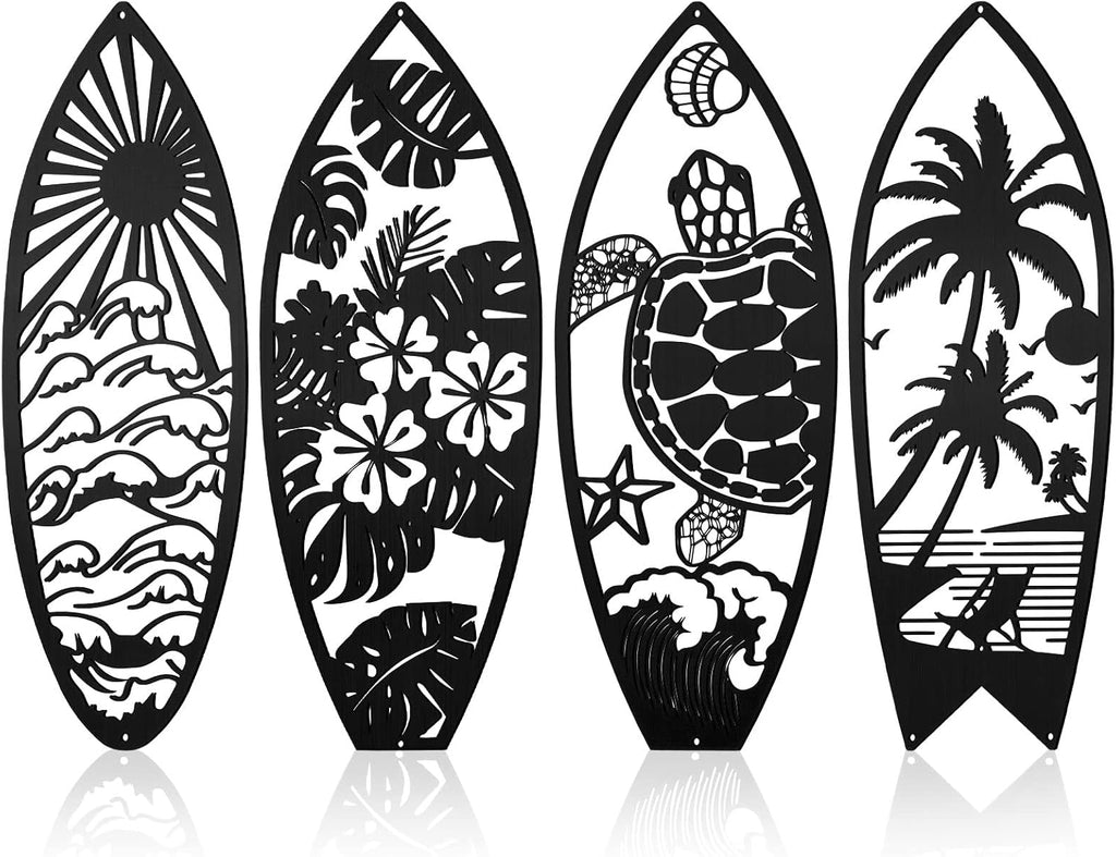 Therwen 4 Pcs Metal Surfboard Wall Decor, Tropical Beach Palm Turtle, Black