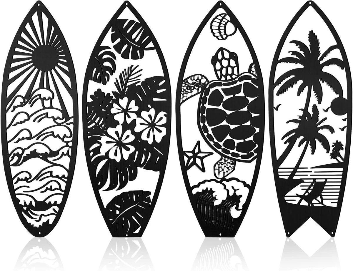 Therwen 4 Pcs Metal Surfboard Wall Decor, Tropical Beach Palm Turtle, Black