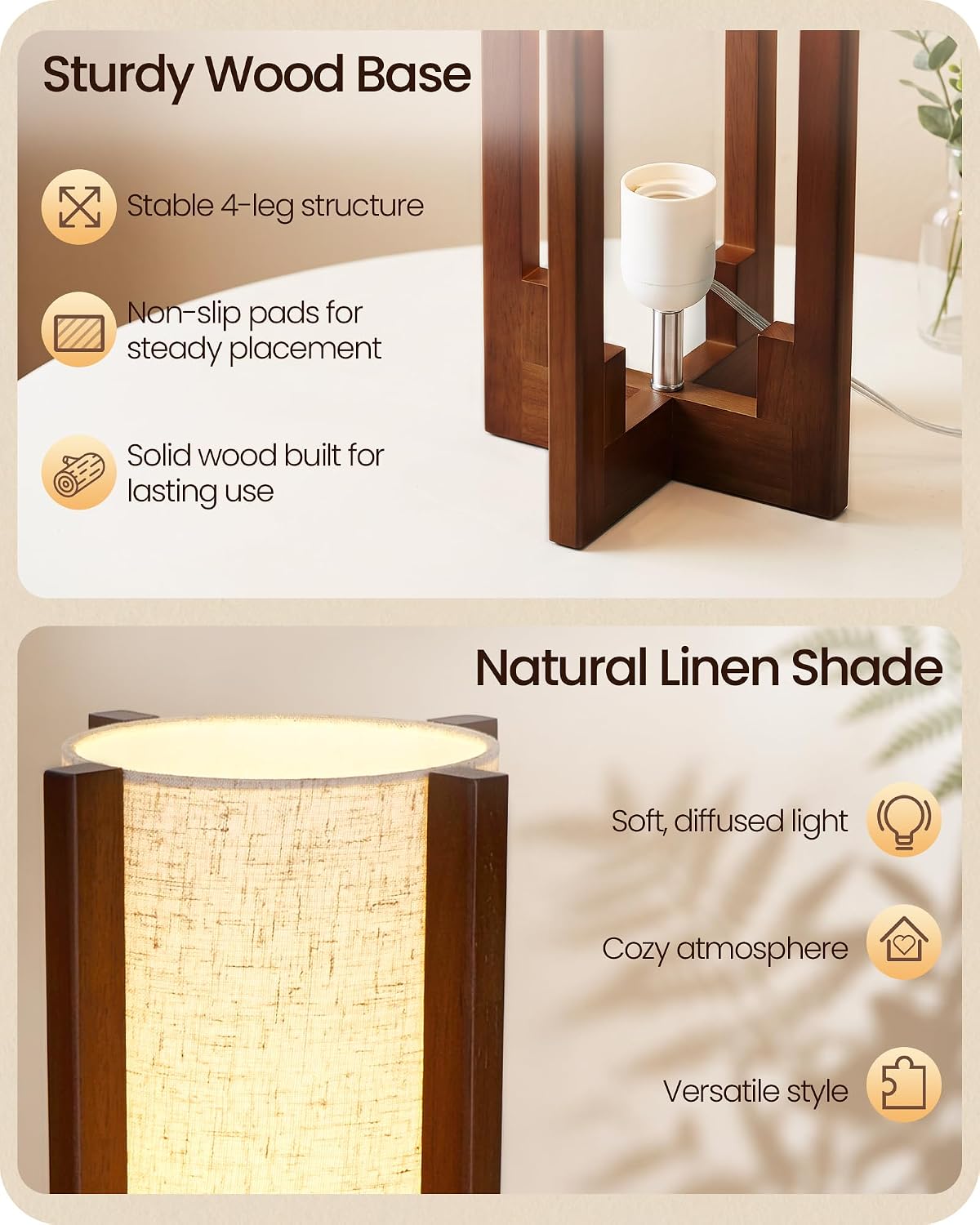 Small Bedside Lamp, 13.4" Modern Wood Table Lamp with LED Bulb
