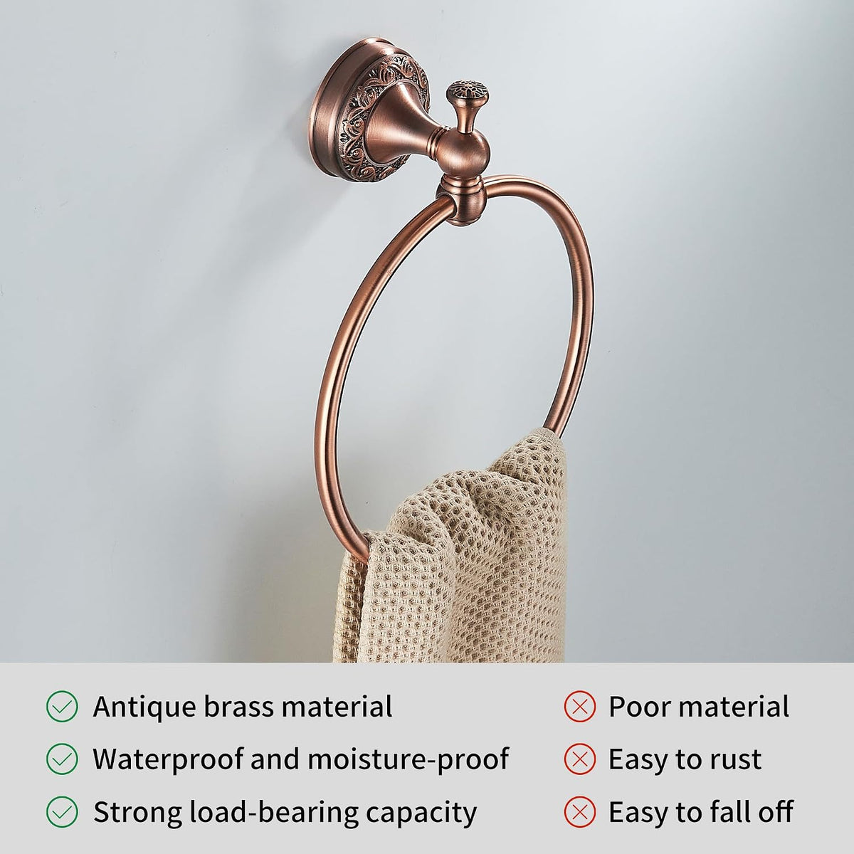 Red Copper Bath Towel Ring, Wall Mounted Black Bathroom Hardware Accessories, Pattern Carving Design