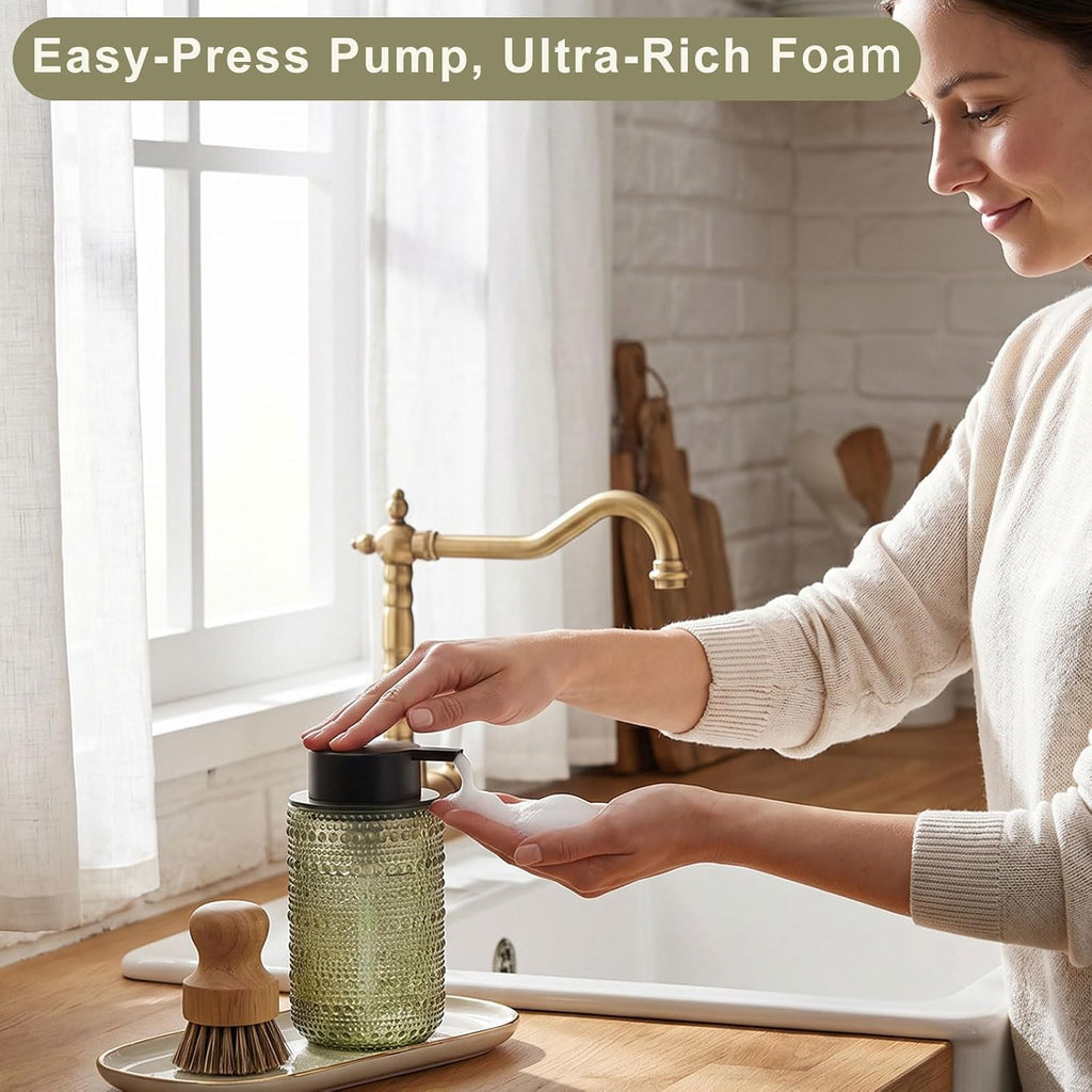 Green Glass Foaming Soap Dispenser, 2 Pack Vintage Foam Hand Soap Dispenser, 14 OZ Hobnail Texture Foam Dispenser with Black Pump for Bathroom, Kitchen, Refillable, Nordic Modern Farmhouse Decor