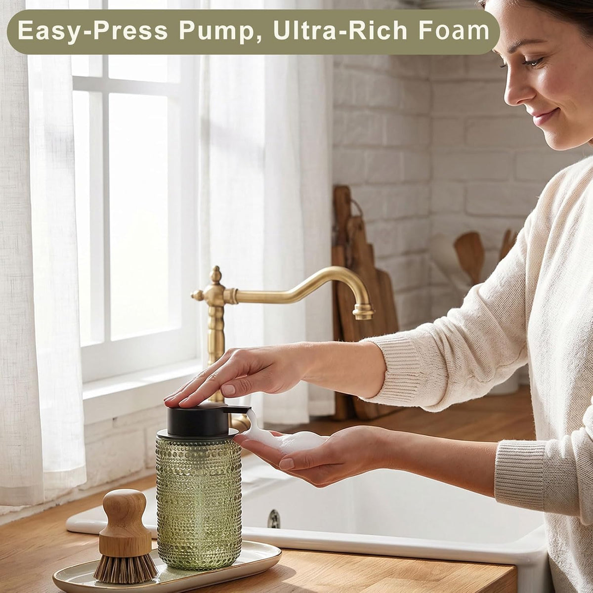 Green Glass Foaming Soap Dispenser, 2 Pack Vintage Foam Hand Soap Dispenser, 14 OZ Hobnail Texture Foam Dispenser with Black Pump for Bathroom, Kitchen, Refillable, Nordic Modern Farmhouse Decor