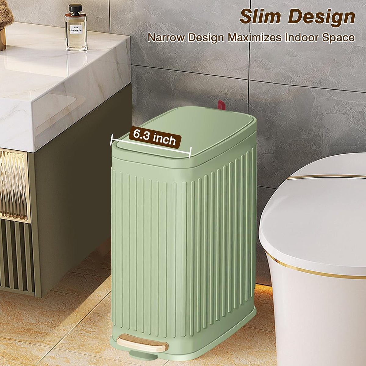 Slim Trash Can for Bathroom with Air Freshener Soft Close Lid, 6 Liter/ 1.6 Gallon Stainless Steel Garbage Can with Removable Inner Bucket,Step Pedal, Small Wastebasket for Bedroom, Kitchen (GREEN)