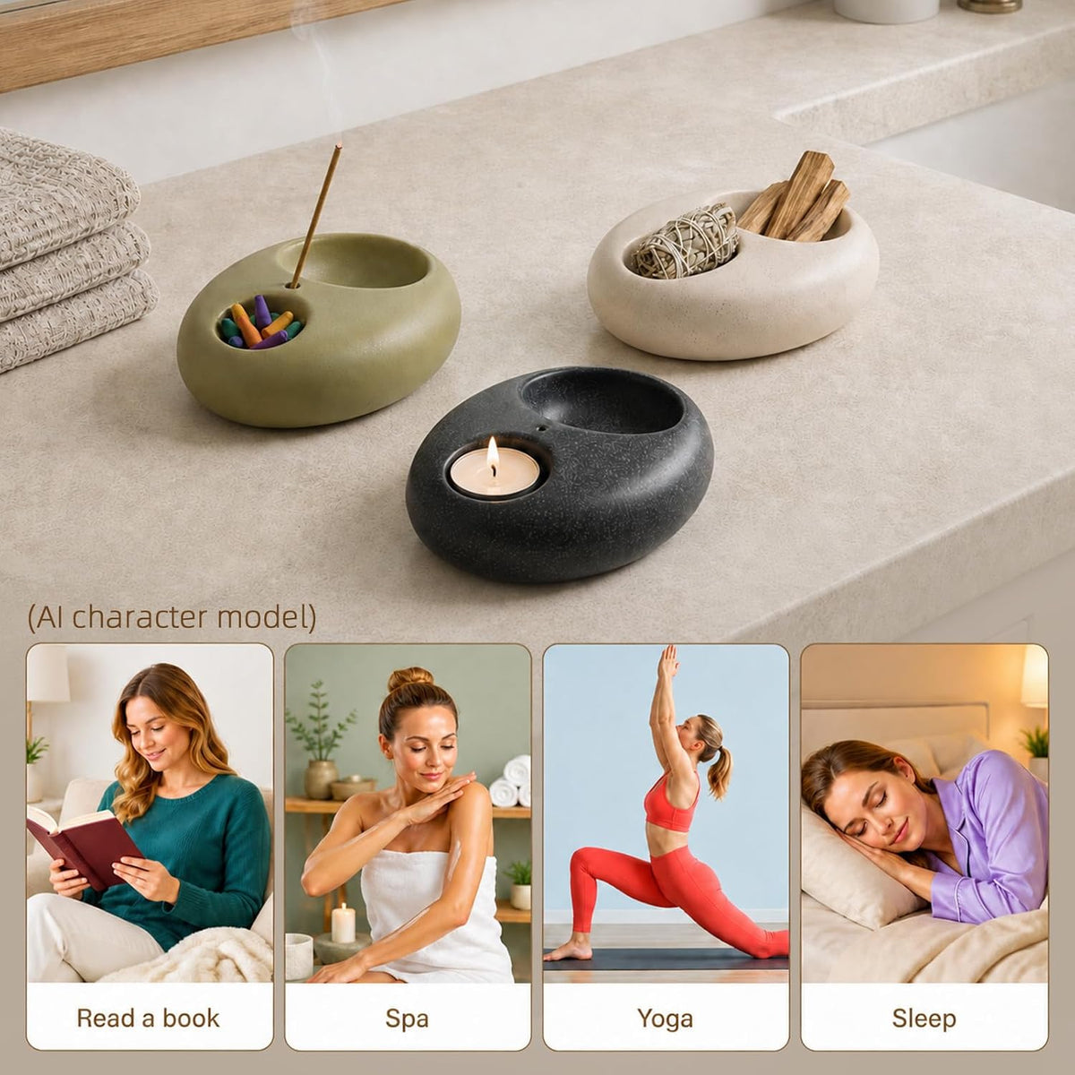Pebble Ceramic Incense Holder 3-in-1 for Sage, Tea Lights & Sticks