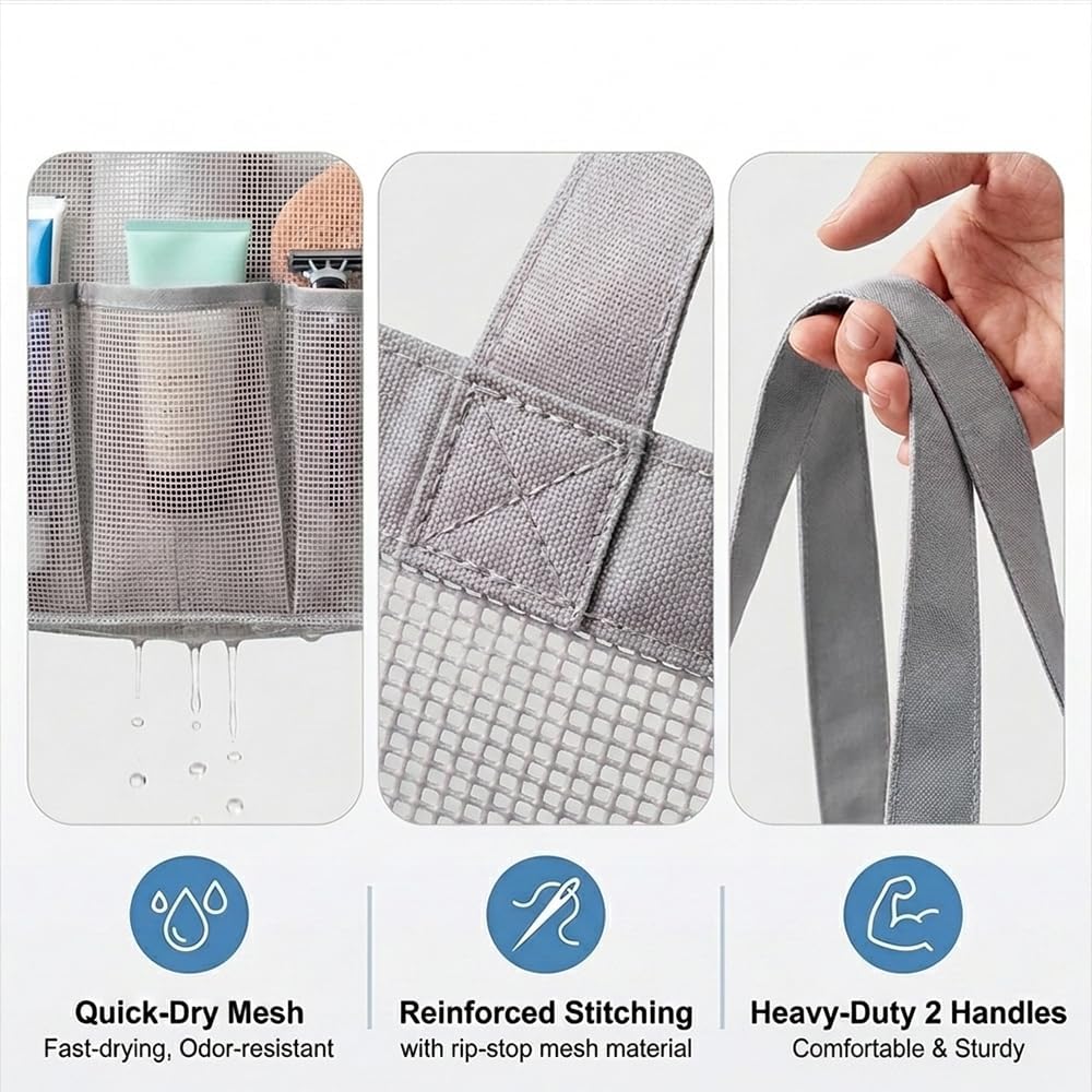 Mesh Shower Caddy Portable for College Dorm Room Essentials, Large Foldable Camp Travel Shower Bag with 9 Pockets, Quick Dry Bathroom Toiletry Tote Bag for Beach Swimming Gym Women Men (Grey)