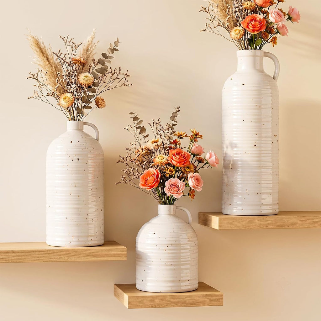 Firehold Ceramic Vase Set of 3 with Handles, Rustic Farmhouse Flower Vases