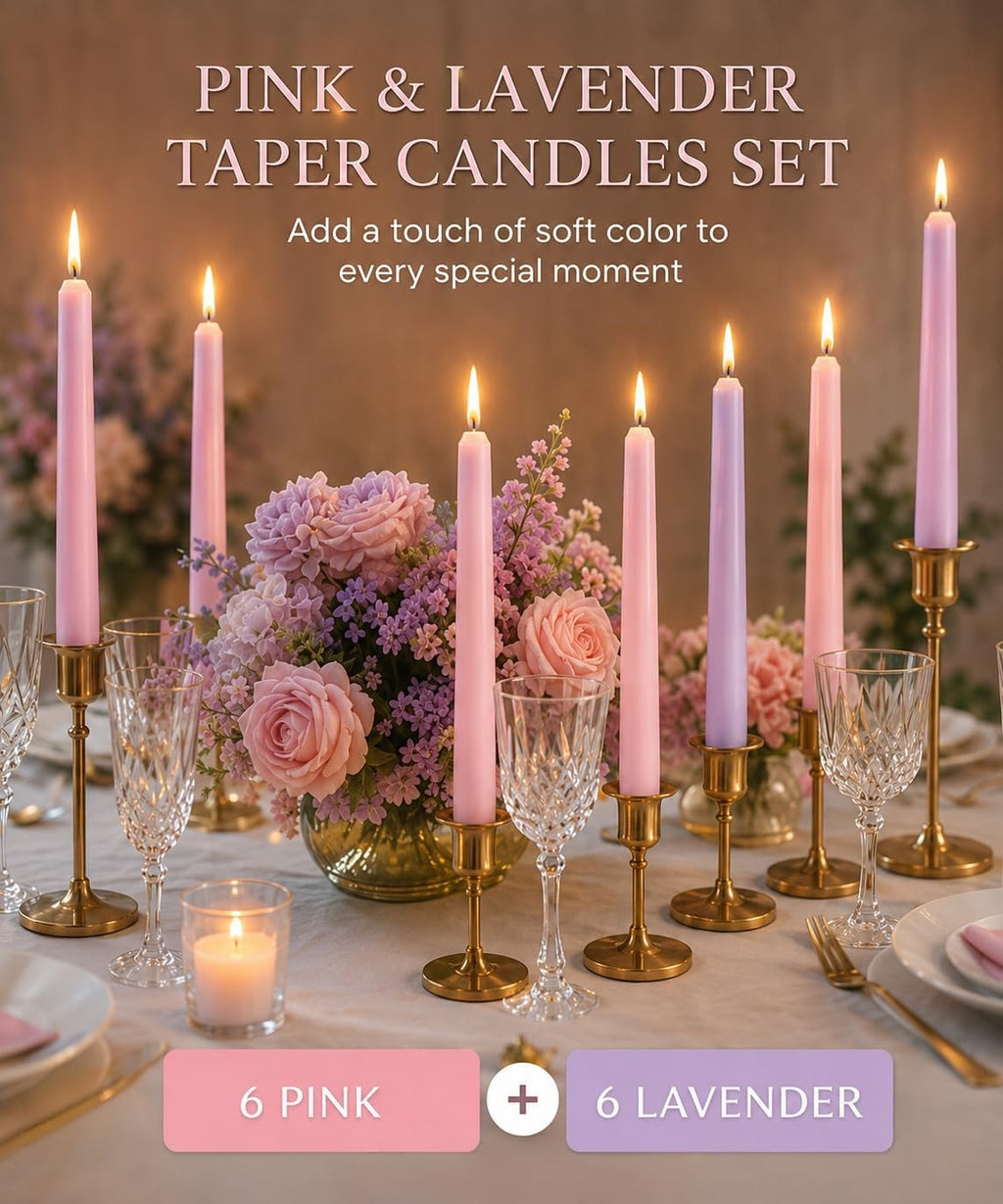 6-Pack Lavender 6-Pack Pink Taper Candles for Wedding Home Decor