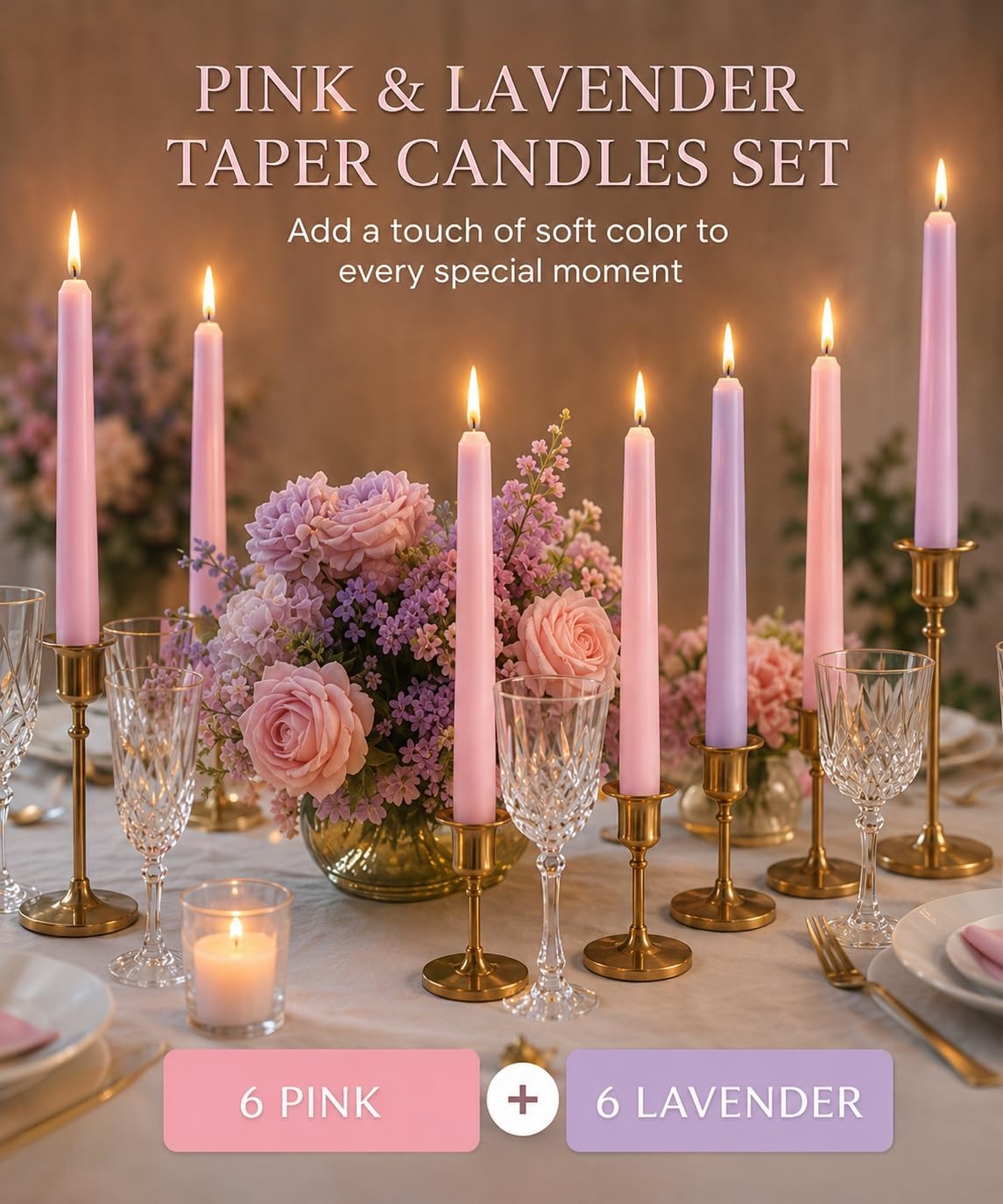 6-Pack Lavender 6-Pack Pink Taper Candles for Wedding Home Decor