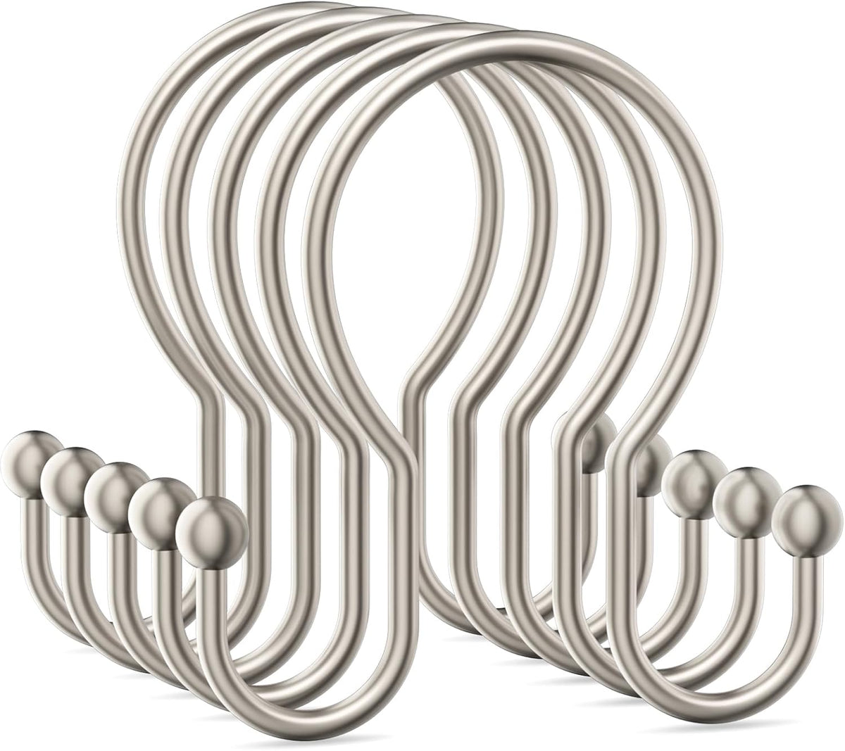 OEH Shower Curtain Hooks, 12 Pcs Minimalist Shower Curtain Rings, Metal Shower Curtain Hangers, Double Hook Shower Curtain Hooks Rust Proof, Smooth Sturdy Shower Hooks for Shower Curtain, Matte Nickel
