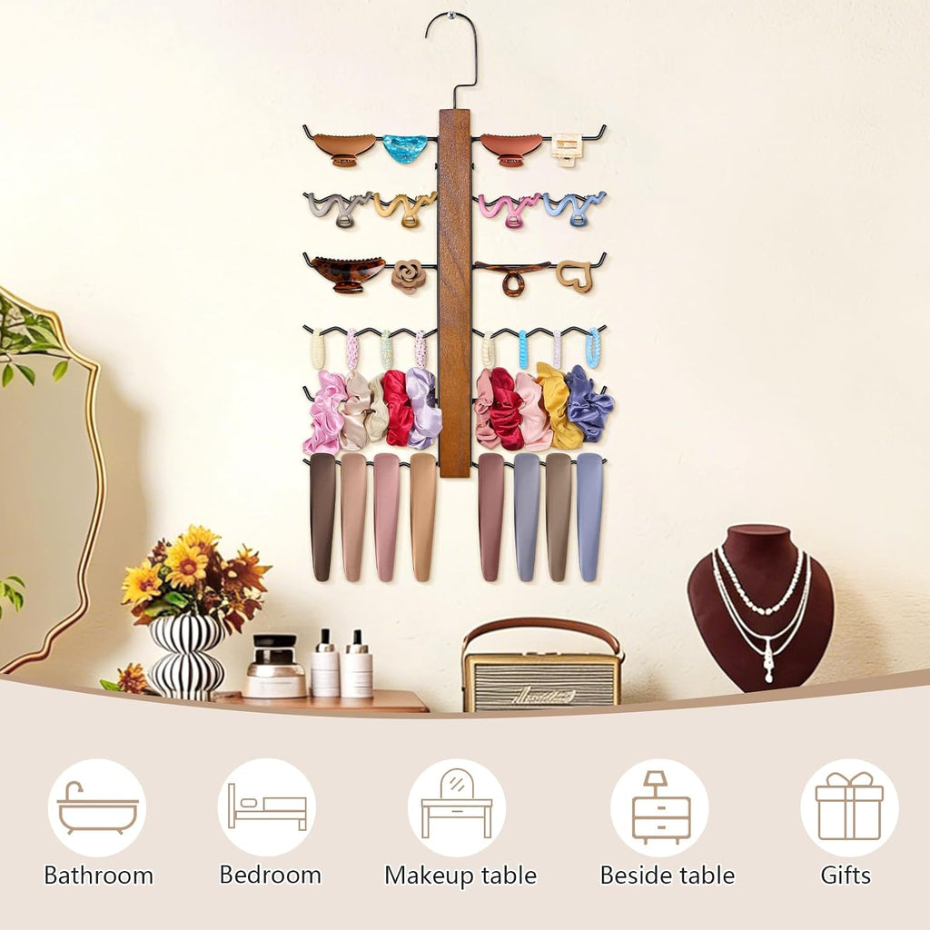 SNOWSTAR Claw Clip Organizer and Scrunchie Holder,6-Tier Iron Rod Hair Clip Holder Hanger for Women Girls,Metal&Wood Claw Clips Organizer Hanger Home Decor for Wall,Door,Closet