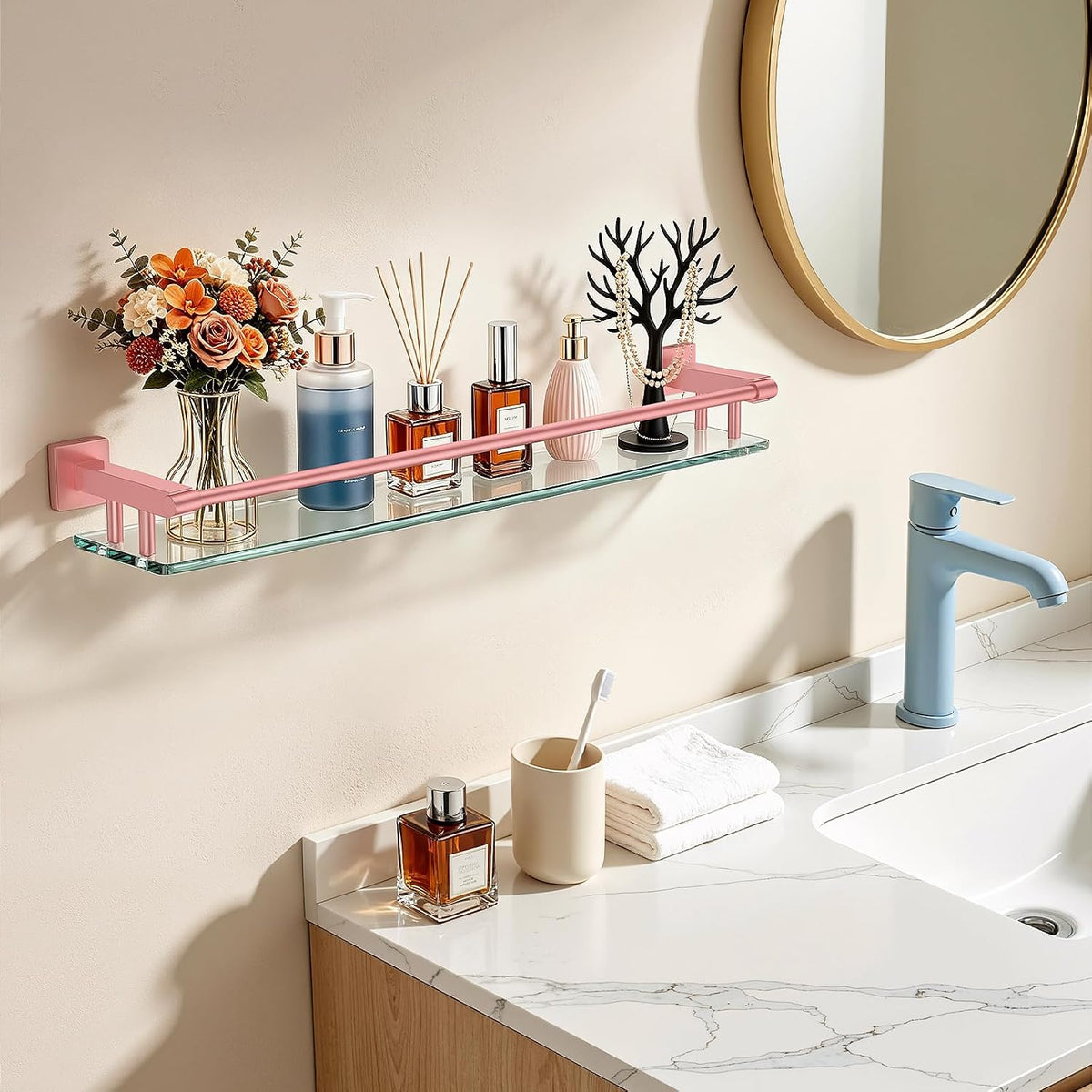 Glass Shelf for Bathroom Rectangular Stainless Steel Tempered Glass Modern Stainless Steel Wall Mount Shelf (Pink, 24″ with Railing)