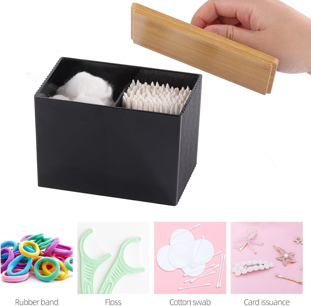 Qtip Holder with Bamboo Lids, 3 Compartments Cotton Ball/Swabs Dispenser, Apothecary Jar Plastic Container for Storage and Organizer (Black)
